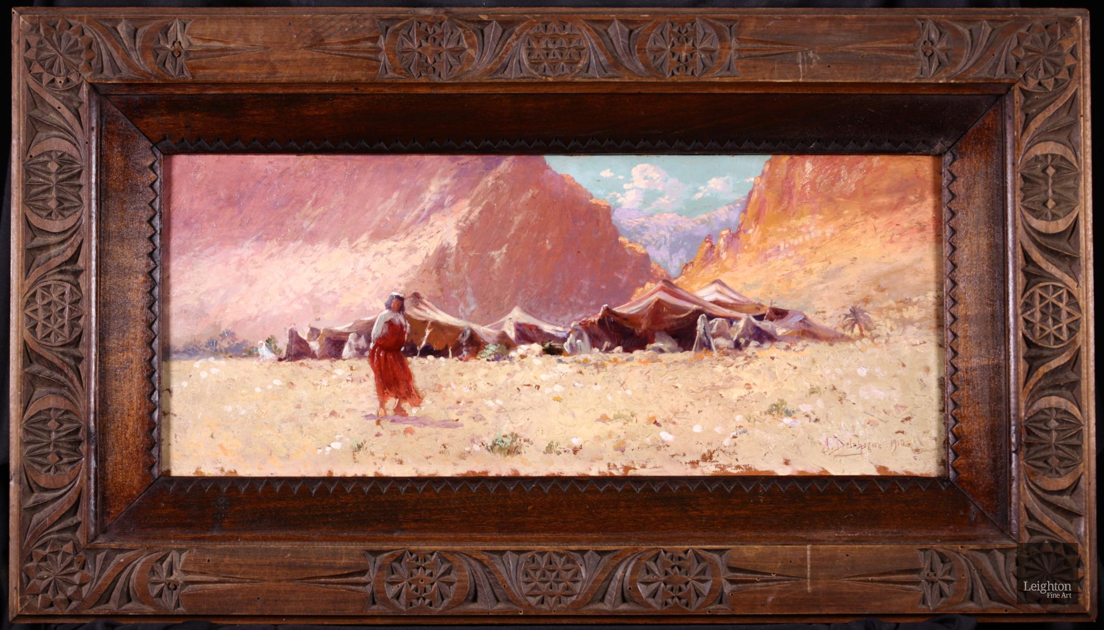 Alexis Auguste Delahogue Figurative Painting - Bedouin Camp, Algeria - Orientalist Oil, Figure in Landscape by Alexis Delahogue
