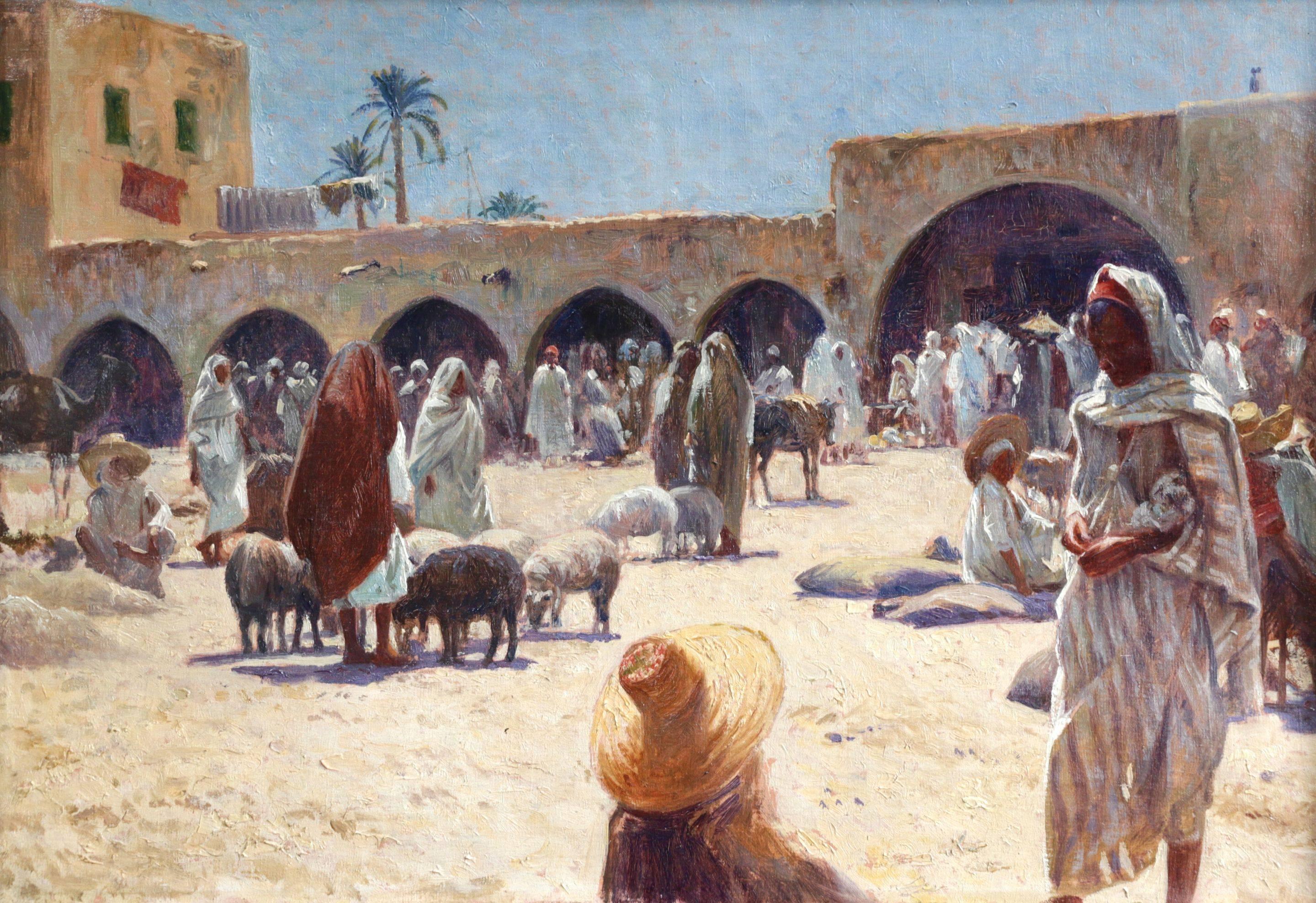 Alexis Auguste Delahogue Animal Painting - Market at Gabes - Tunisia