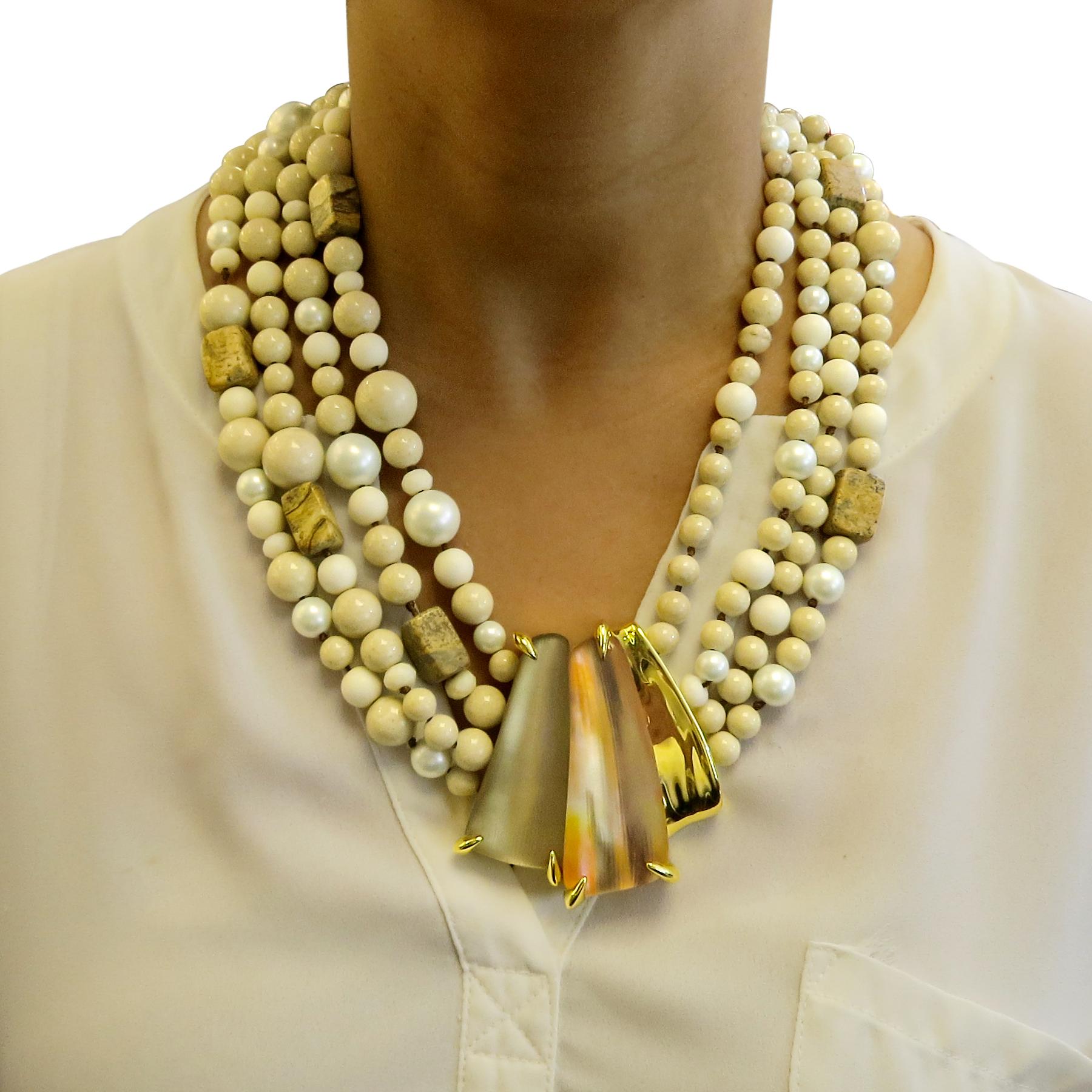  ALEXIS BITTAR Desert Jasmine Torsade Collar Statement Necklace
A Stunning Statement Necklace
Strands of stone and faux pearls 
Amazing!!
Magnetic clasp 
Alexis Bittar stamped.
Jasper Doublet and Pearl Multi-Strand Necklace features a Hand-Painted
