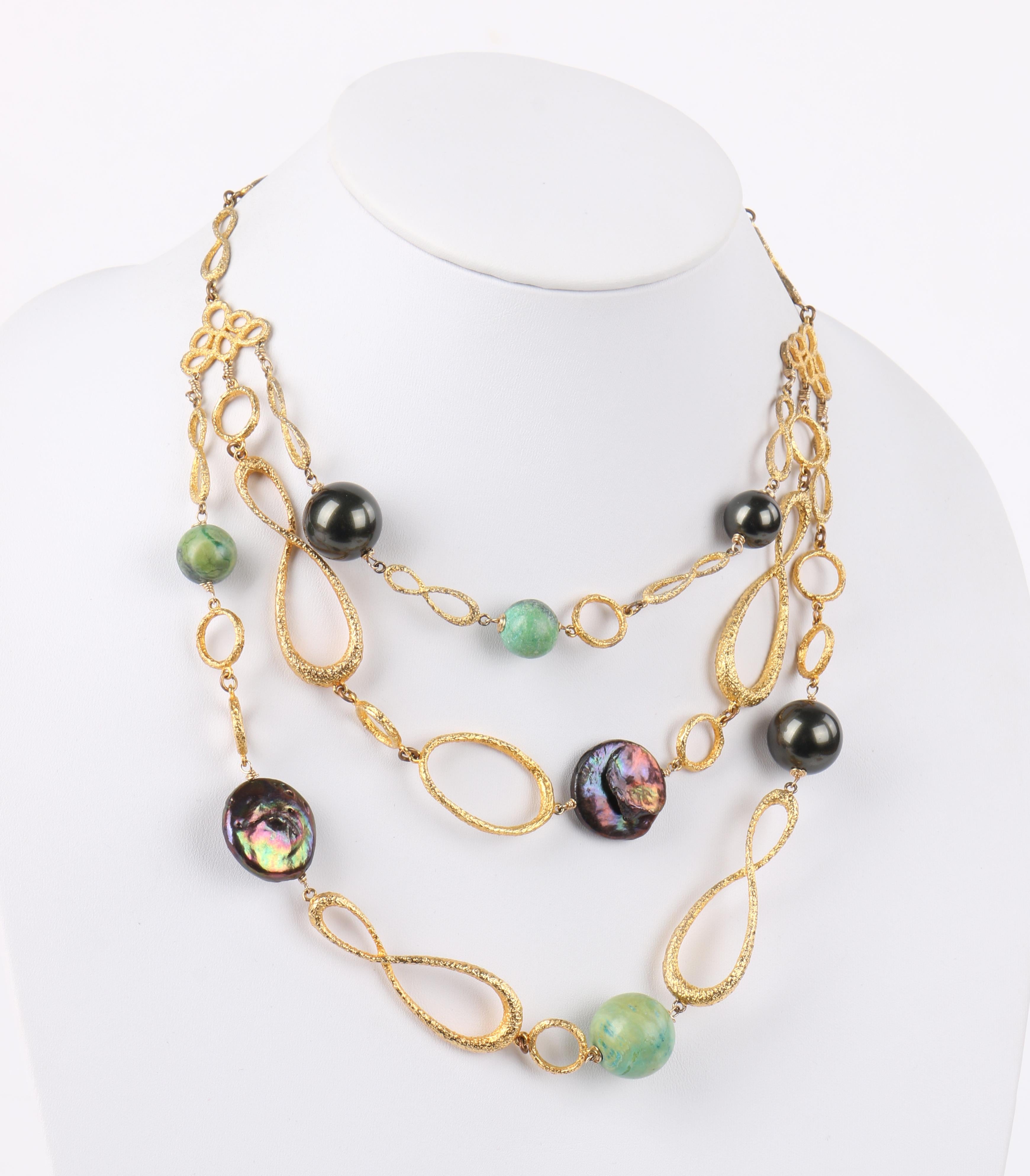 ALEXIS BITTAR Hammered Sterling Silver Gold Pearl Agate Multi Strand Necklace In Good Condition In Thiensville, WI