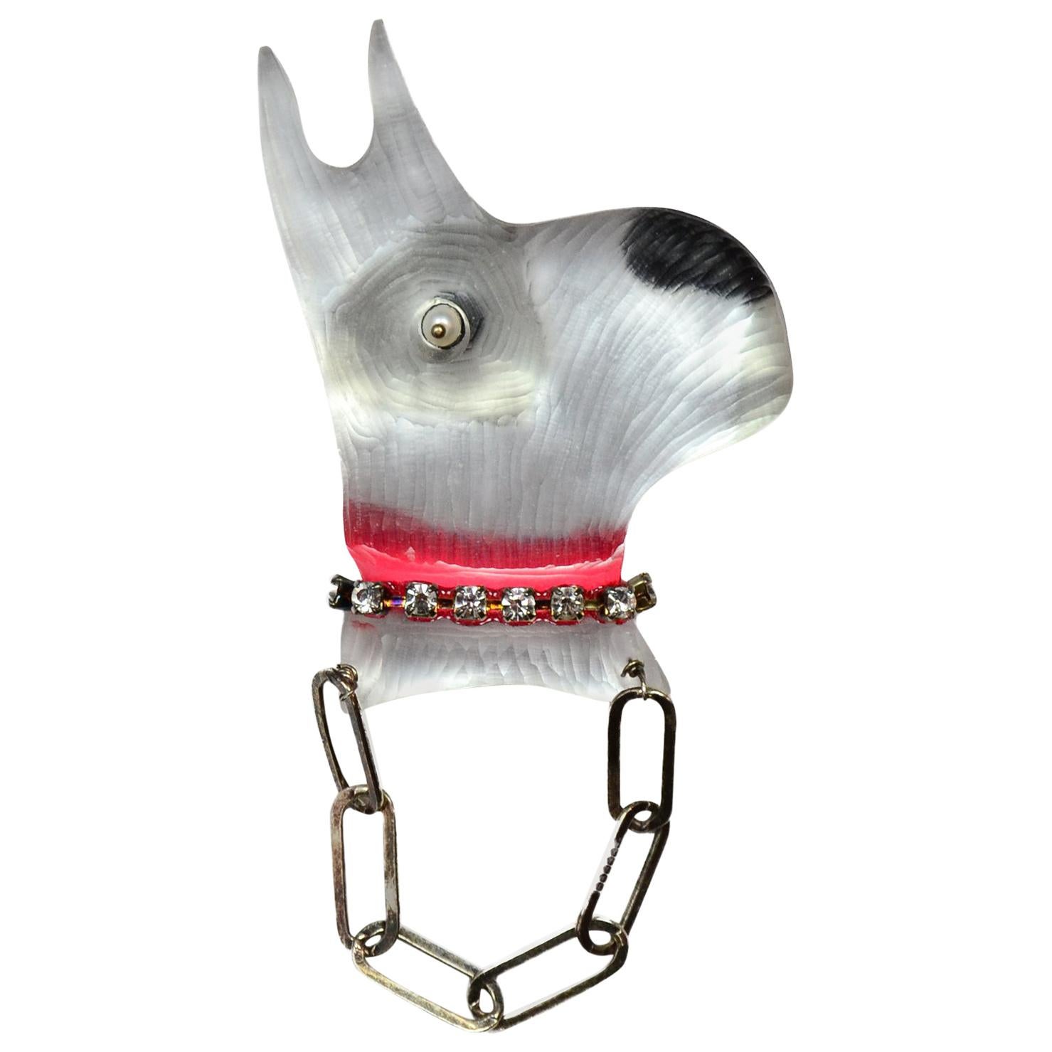 Alexis Bittar Lucite Dog Brooch/Pin W/ Pearl & Crystals