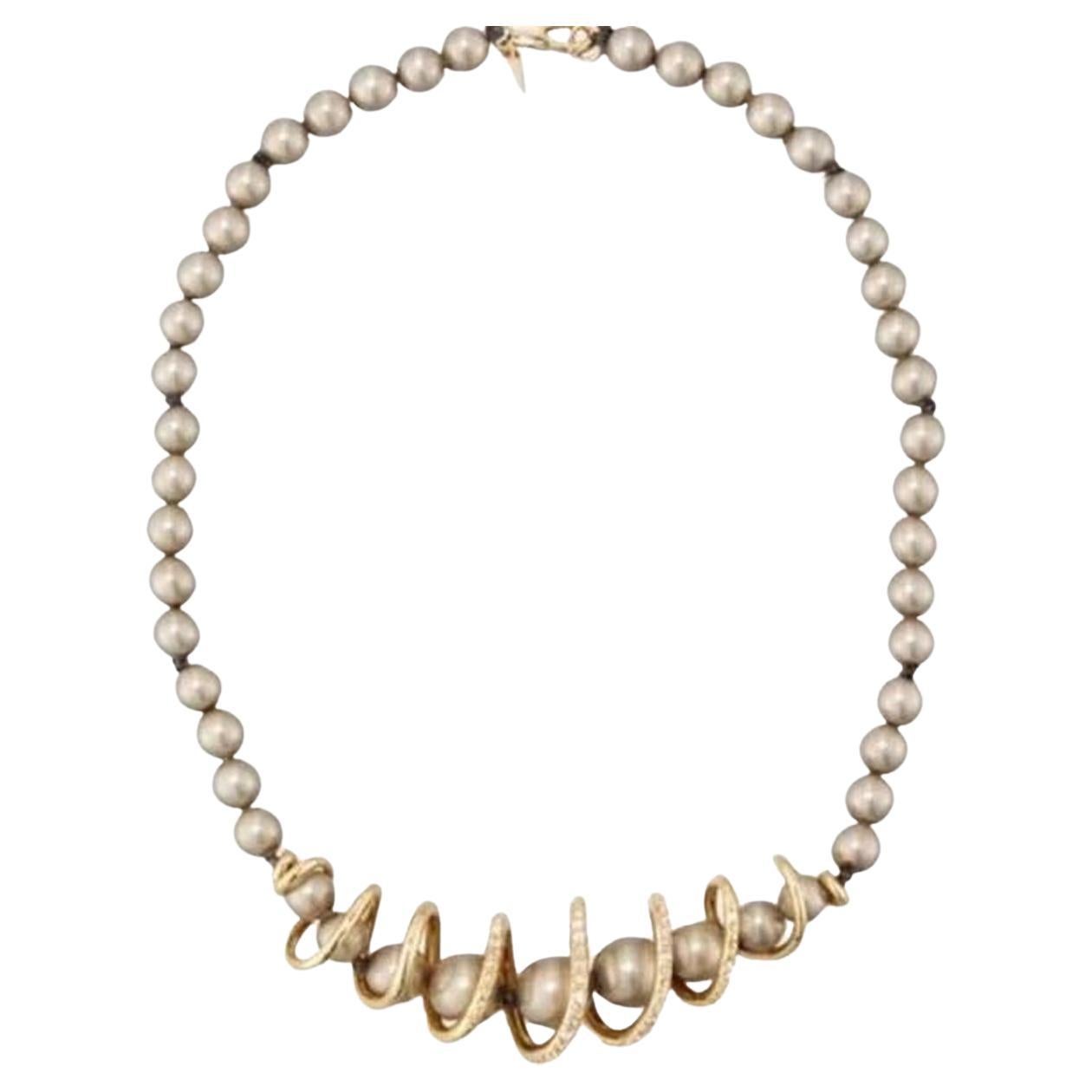 Alexis Bittar Signed Designer Spiral Swarovski Crystal Gray Pearl Necklace For Sale