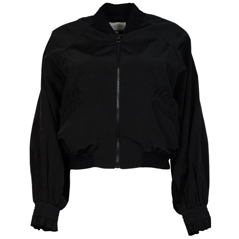 Alexis Black Bomber Jacket W/ Ruffle Pockets Sz S For Sale at 1stDibs