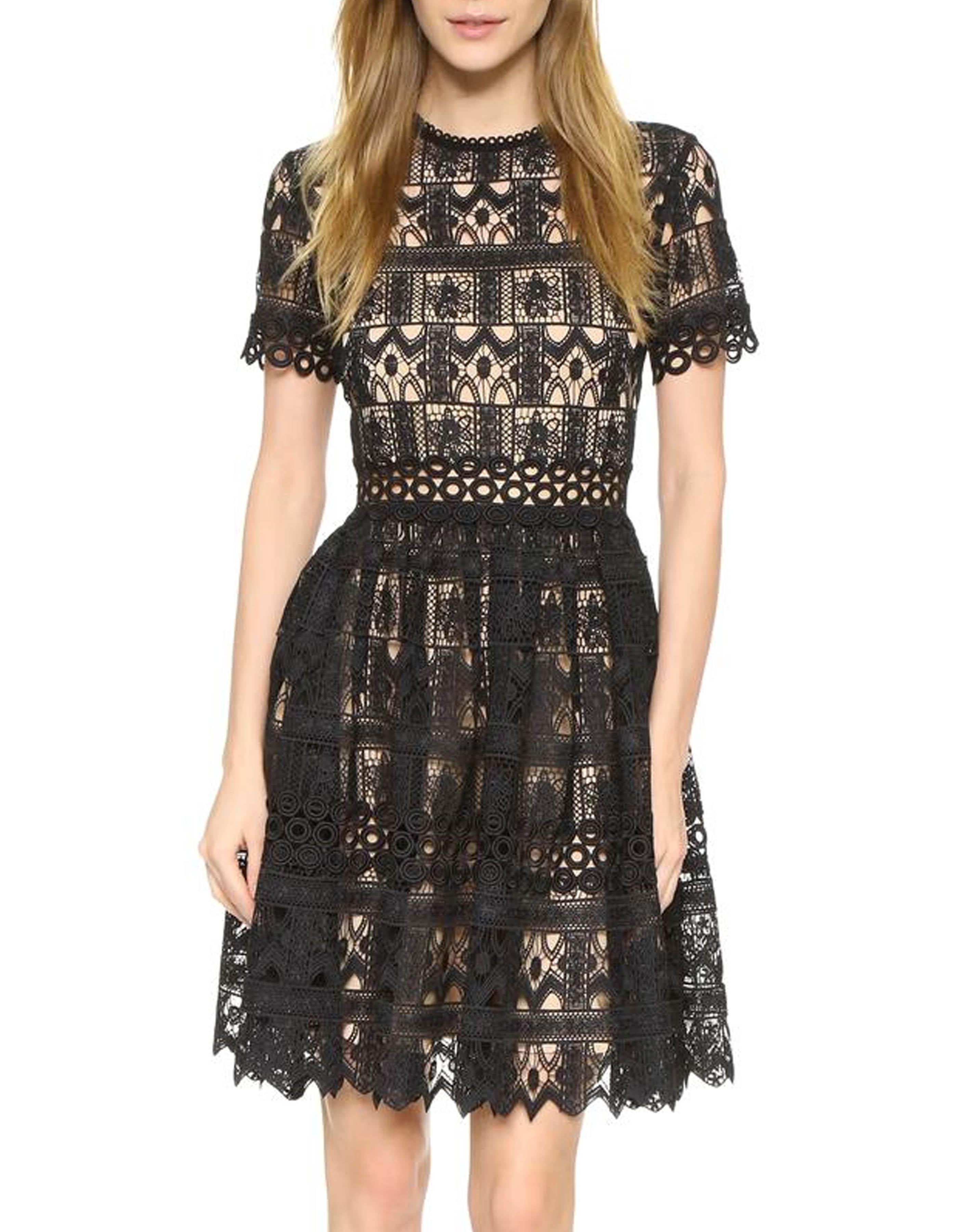 Alexis Black Lace Short Sleeve Lula Dress sz Small

Color: Black with nude lining
Materials: 100% polyester
Lining: 93% polyester/7% spandex
Opening/Closure: Back zip
Overall Condition: Excellent
Estimated Retail: $595 plus tax

Tag Size: