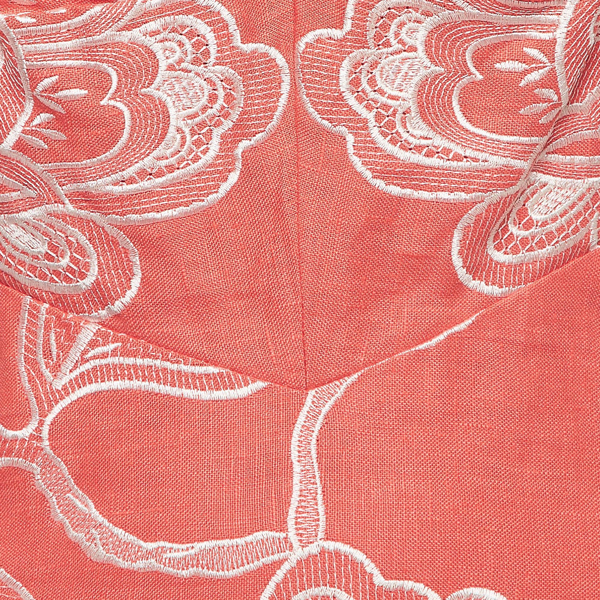 Alexis Coral Orange Embroidered Cotton Midi Dress S In Fair Condition In Dubai, Al Qouz 2