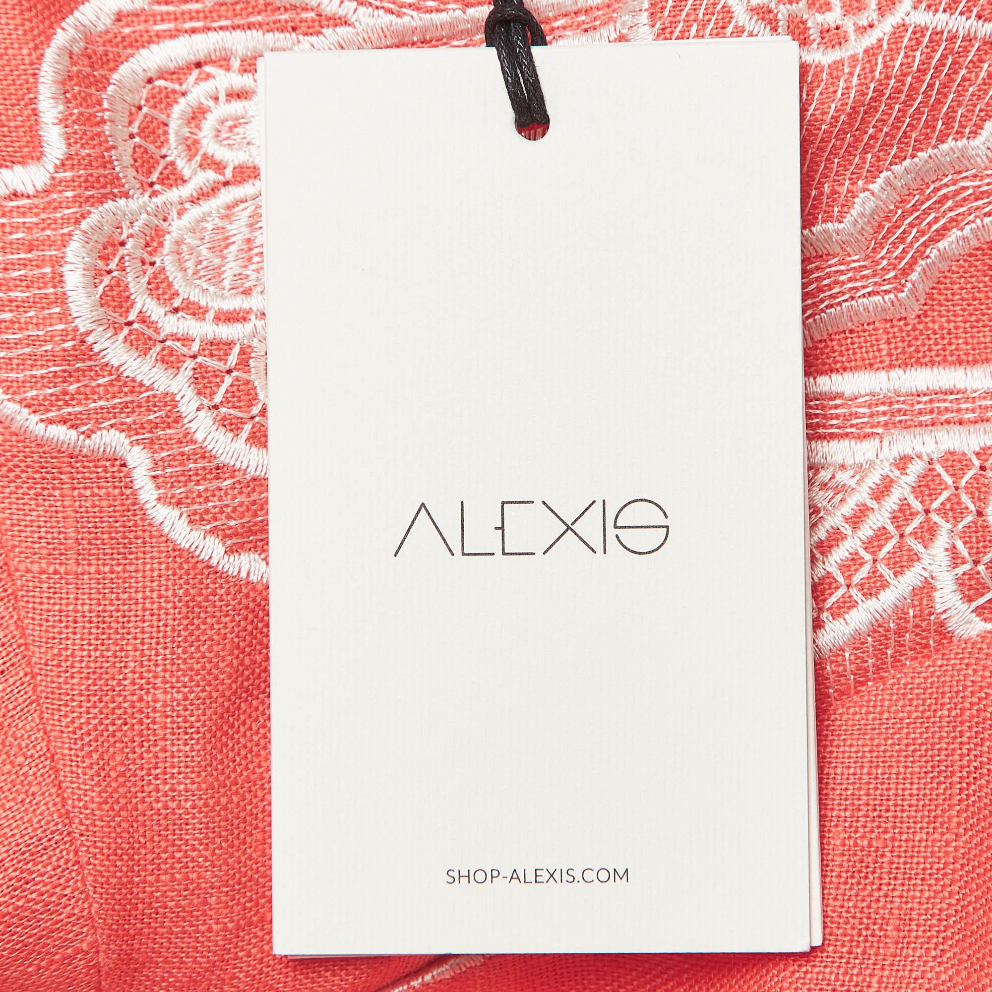 Alexis Coral Orange Embroidered Cotton Midi Dress S 1