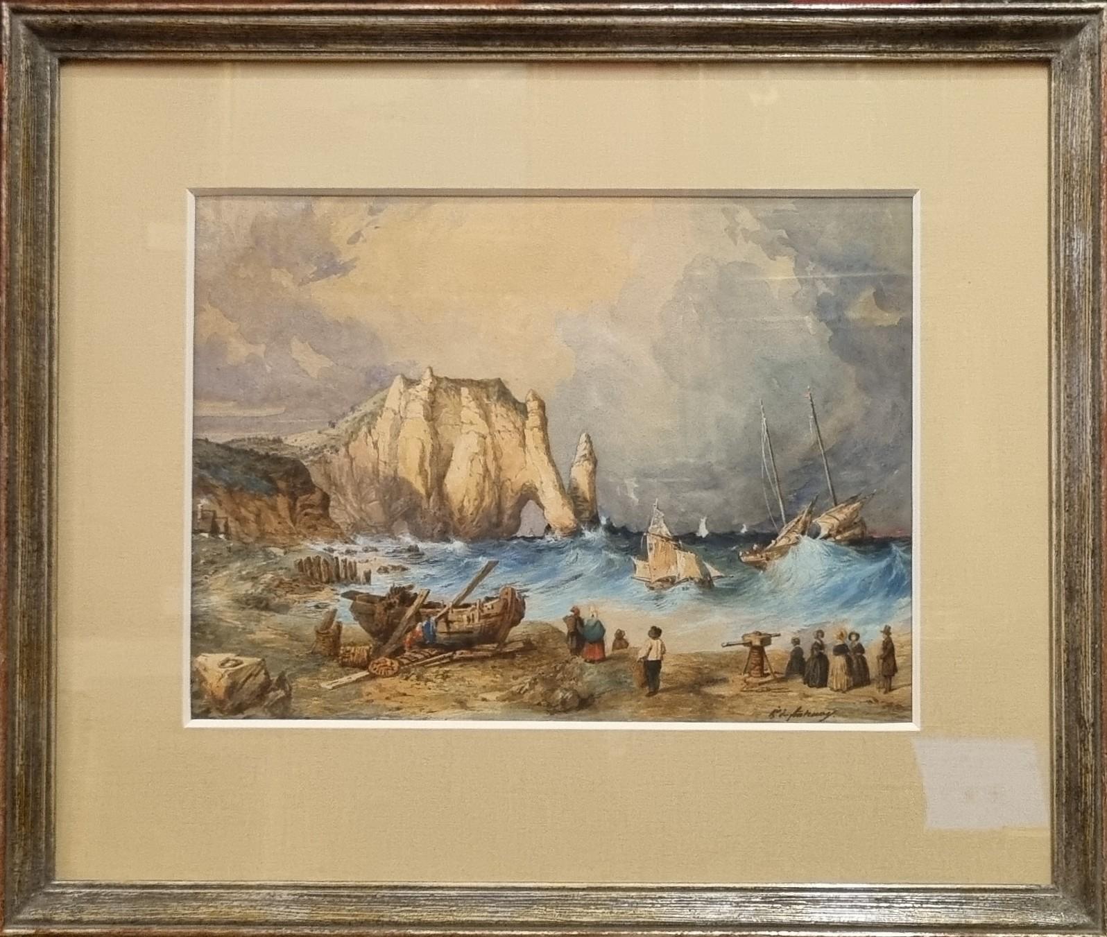 FONTENAY French Romantic Landscape Painting Etretat Tempest in Normandy 19th For Sale 1
