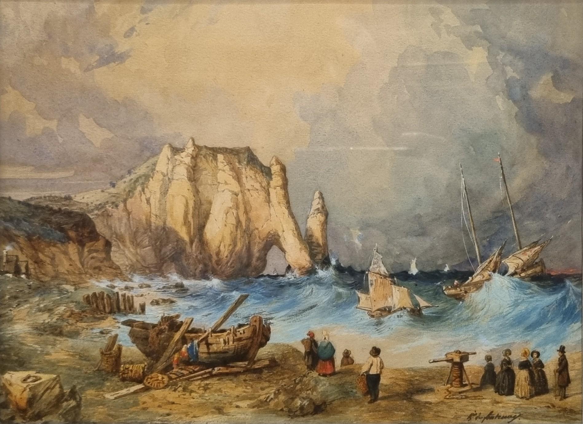 FONTENAY French Romantic Landscape Painting Etretat Tempest in Normandy 19th For Sale 2