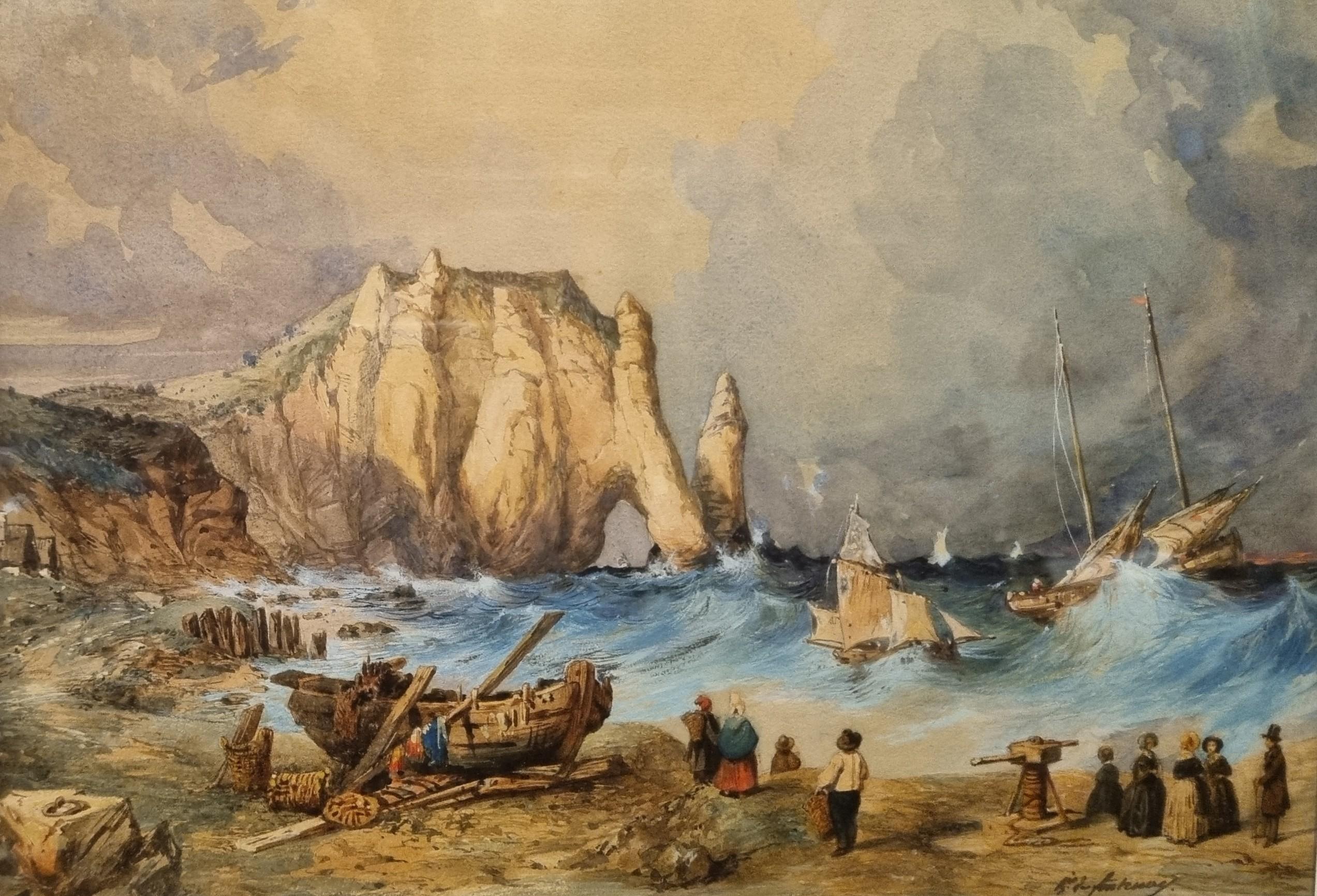 FONTENAY French Romantic Landscape Painting Etretat Tempest in Normandy 19th For Sale 3