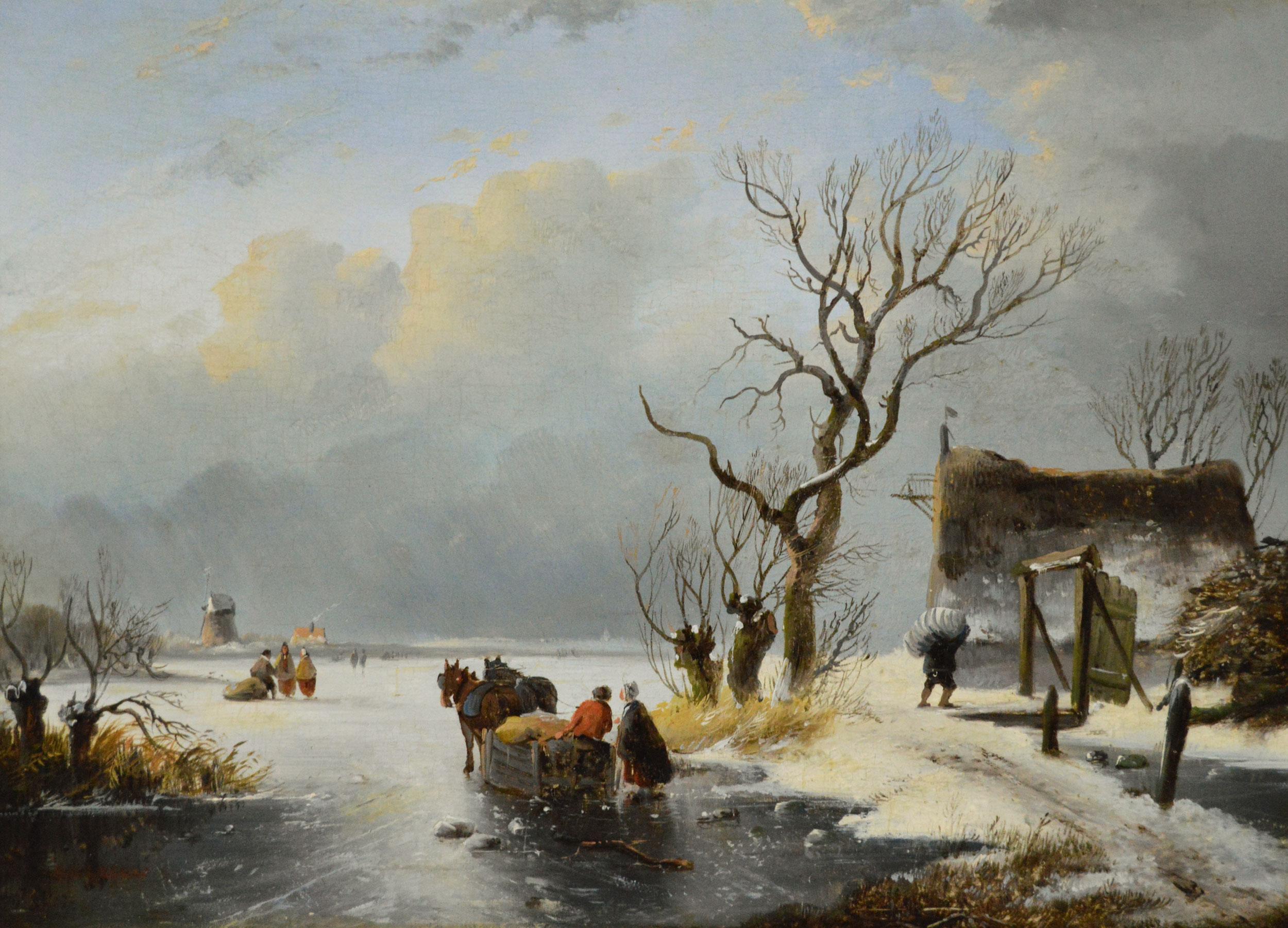 Paesaggio invernale del XIX secolo dipinto a olio con figure su un lago ghiacciato - Painting di Alexis De Leeuw