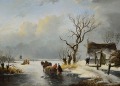 Paesaggio invernale del XIX secolo dipinto a olio con figure su un lago ghiacciato