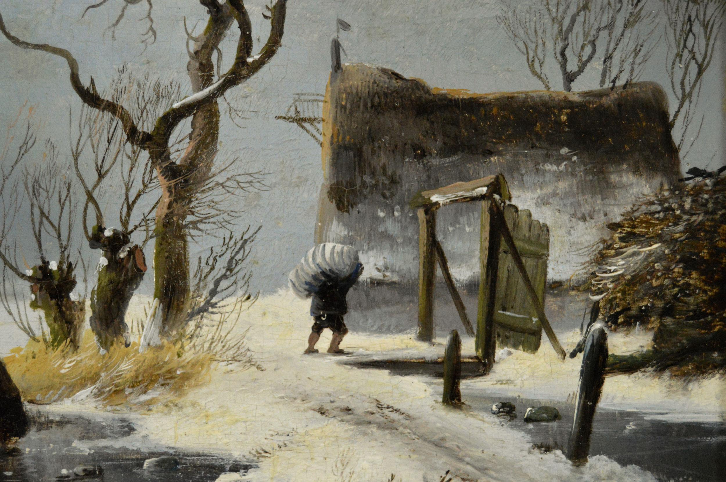 Paesaggio invernale del XIX secolo dipinto a olio con figure su un lago ghiacciato - Landscape Painting Marrone di Alexis De Leeuw