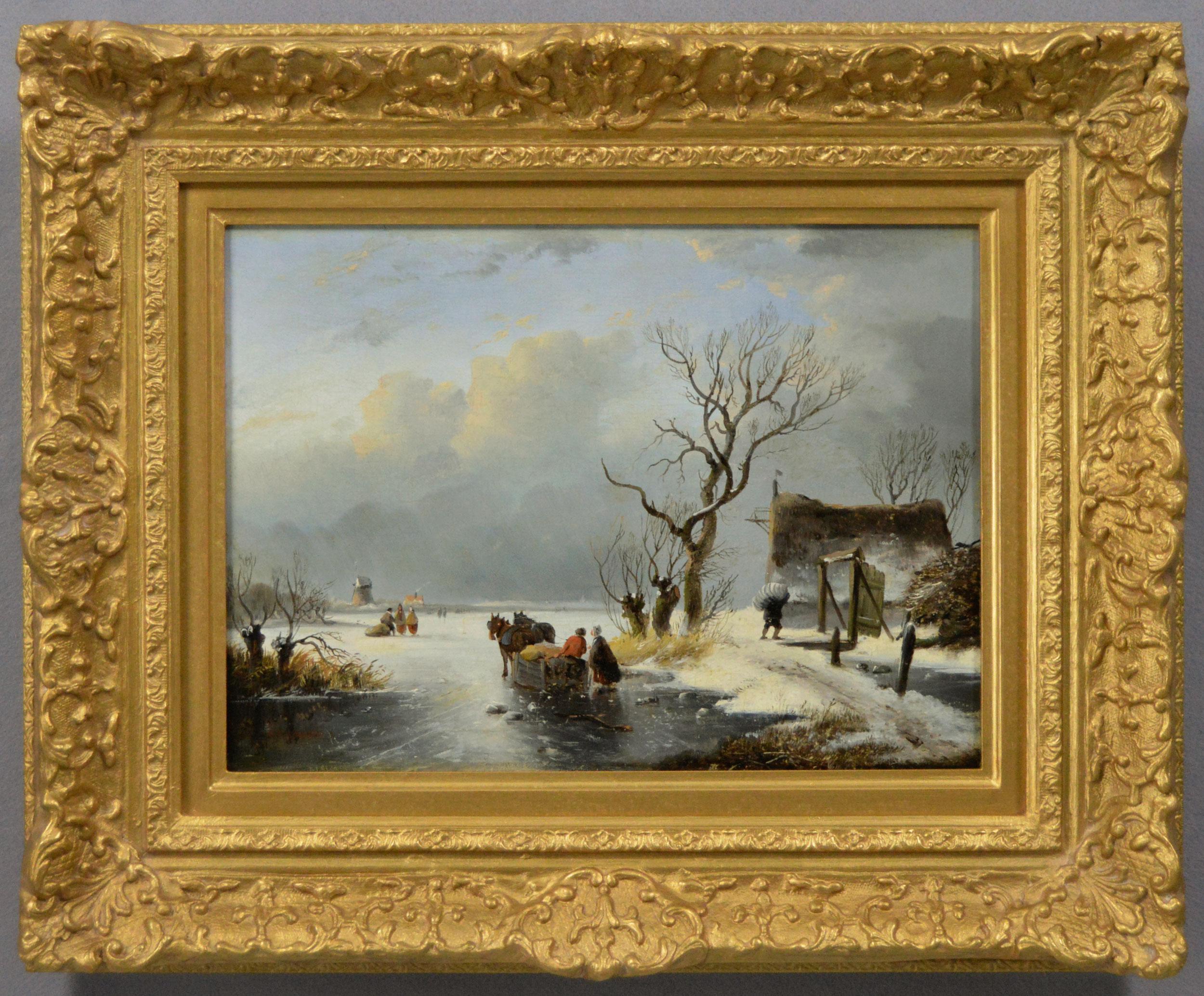 Paesaggio invernale del XIX secolo dipinto a olio con figure su un lago ghiacciato