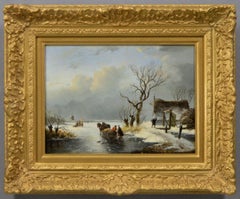 19th Century winter landscape oil painting of figures on a frozen lake