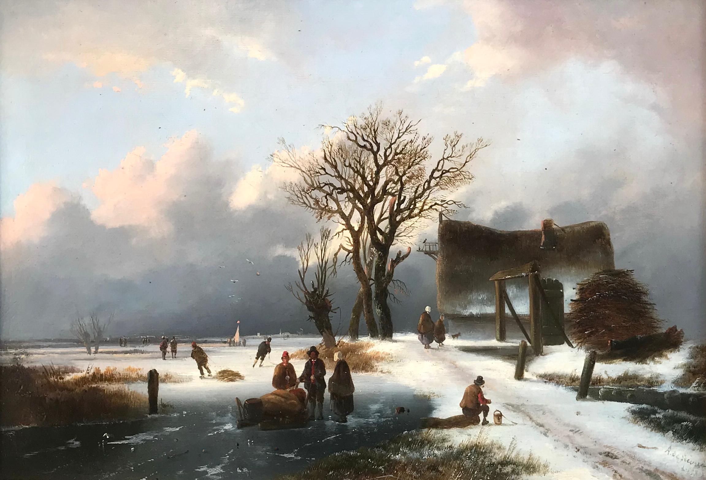 Gli abitanti di un villaggio su un corso d'acqua ghiacciato - Painting di Alexis De Leeuw