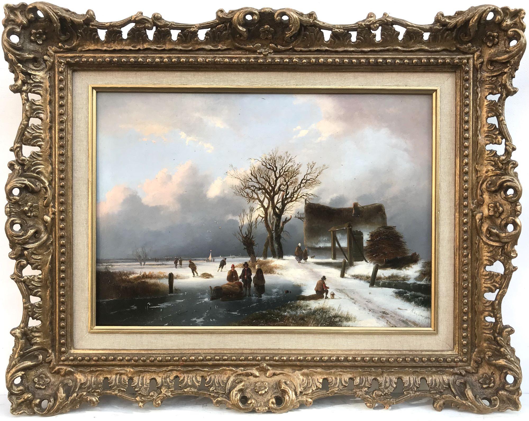Landscape Painting di Alexis De Leeuw - Gli abitanti di un villaggio su un corso d'acqua ghiacciato