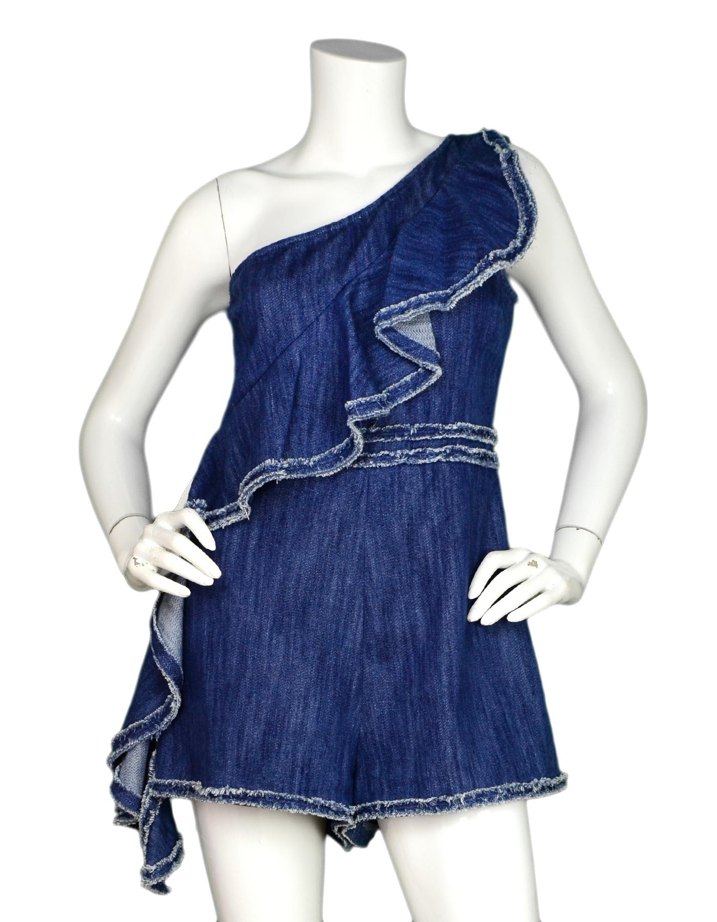 Alexis Blue Denim One Shoulder Asymmetrical Ruffle Blakely Jumper/Romper Sz L NWT

Made In:  China
Color: Blue
Materials: 100% cotton
Opening/Closure: Hidden side zipper
Overall Condition: Excellent condition with original tags attached 
Estimated