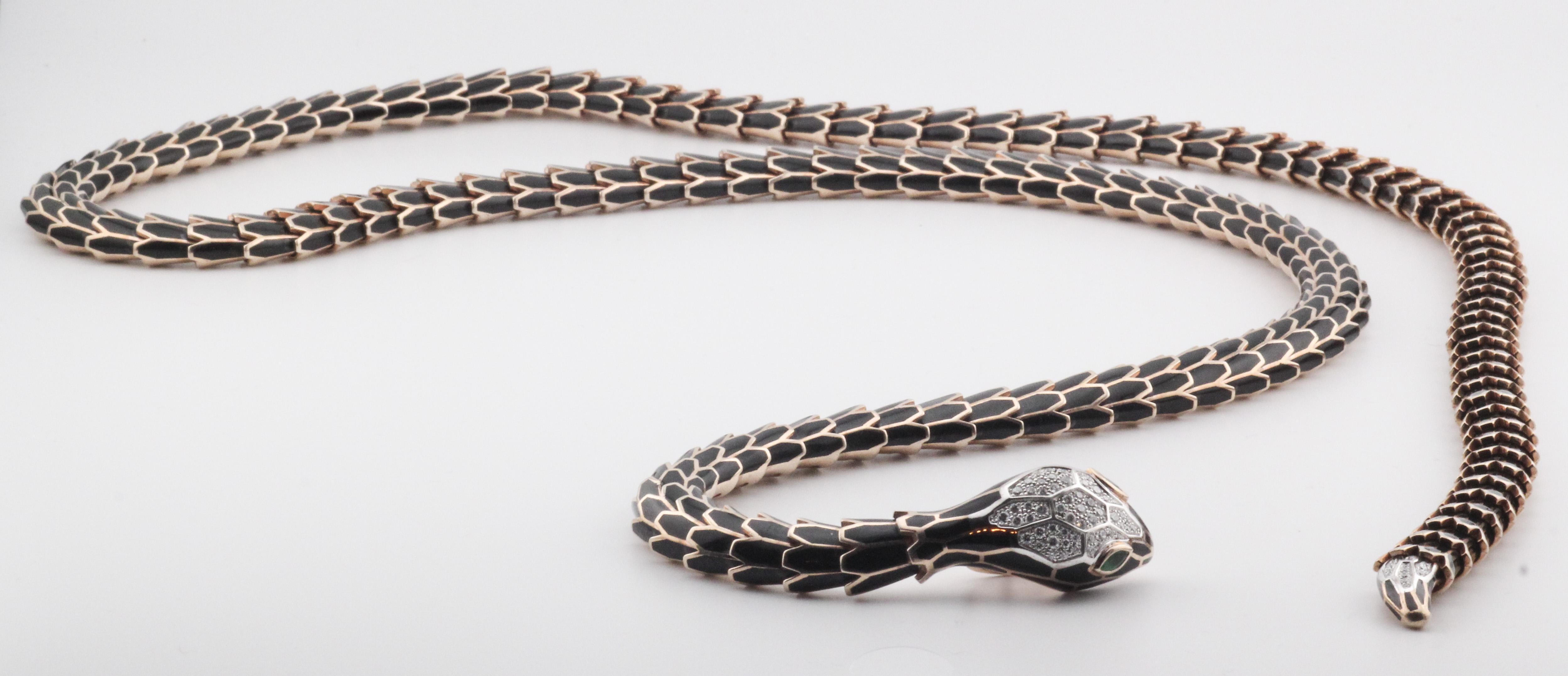 Brilliant Cut Alexis Diamond Enamel Emerald 18k White Gold Sterling Silver Snake Necklace Belt For Sale