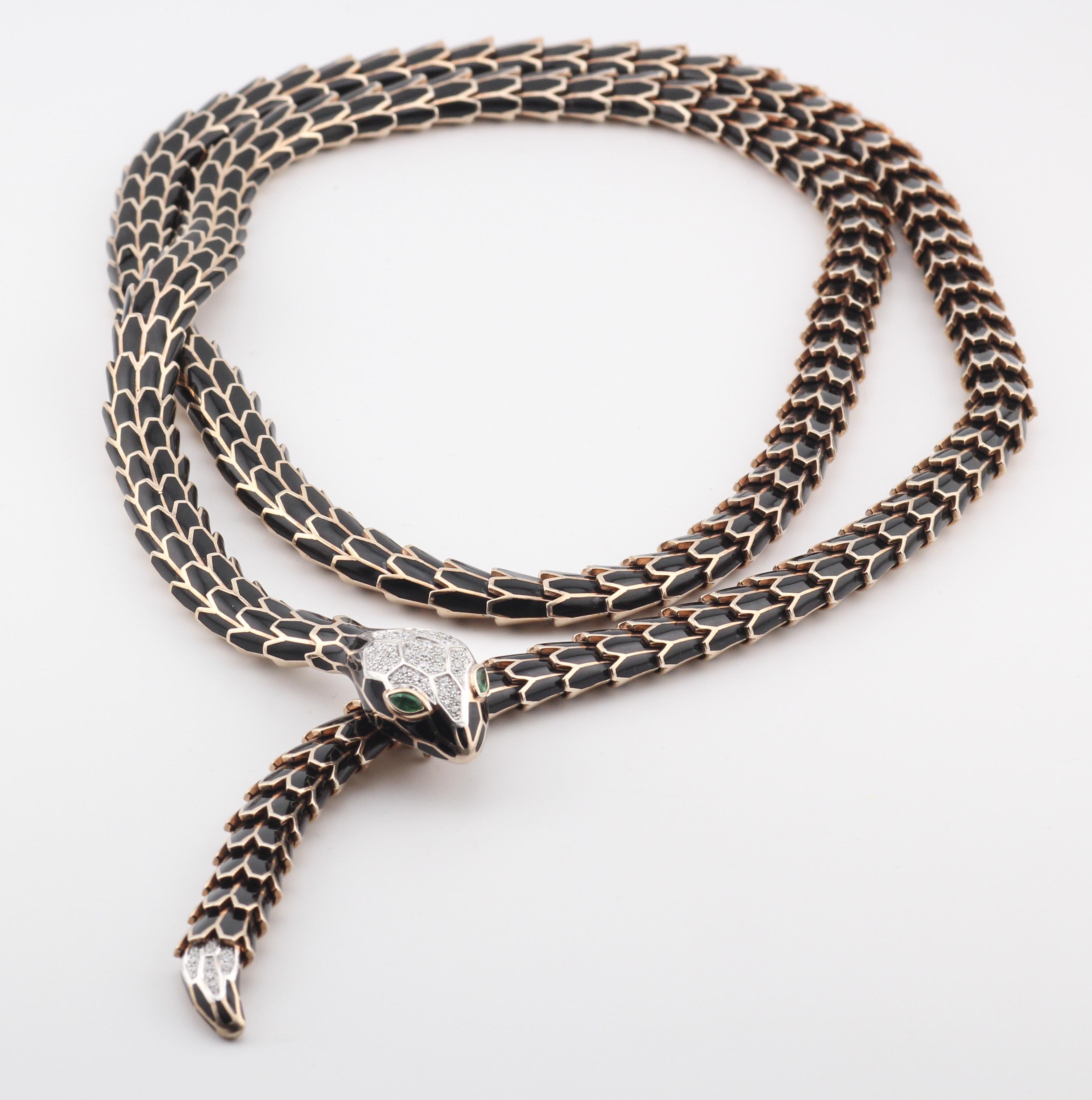 Alexis Diamond Enamel Emerald 18k White Gold Sterling Silver Snake Necklace Belt For Sale 1