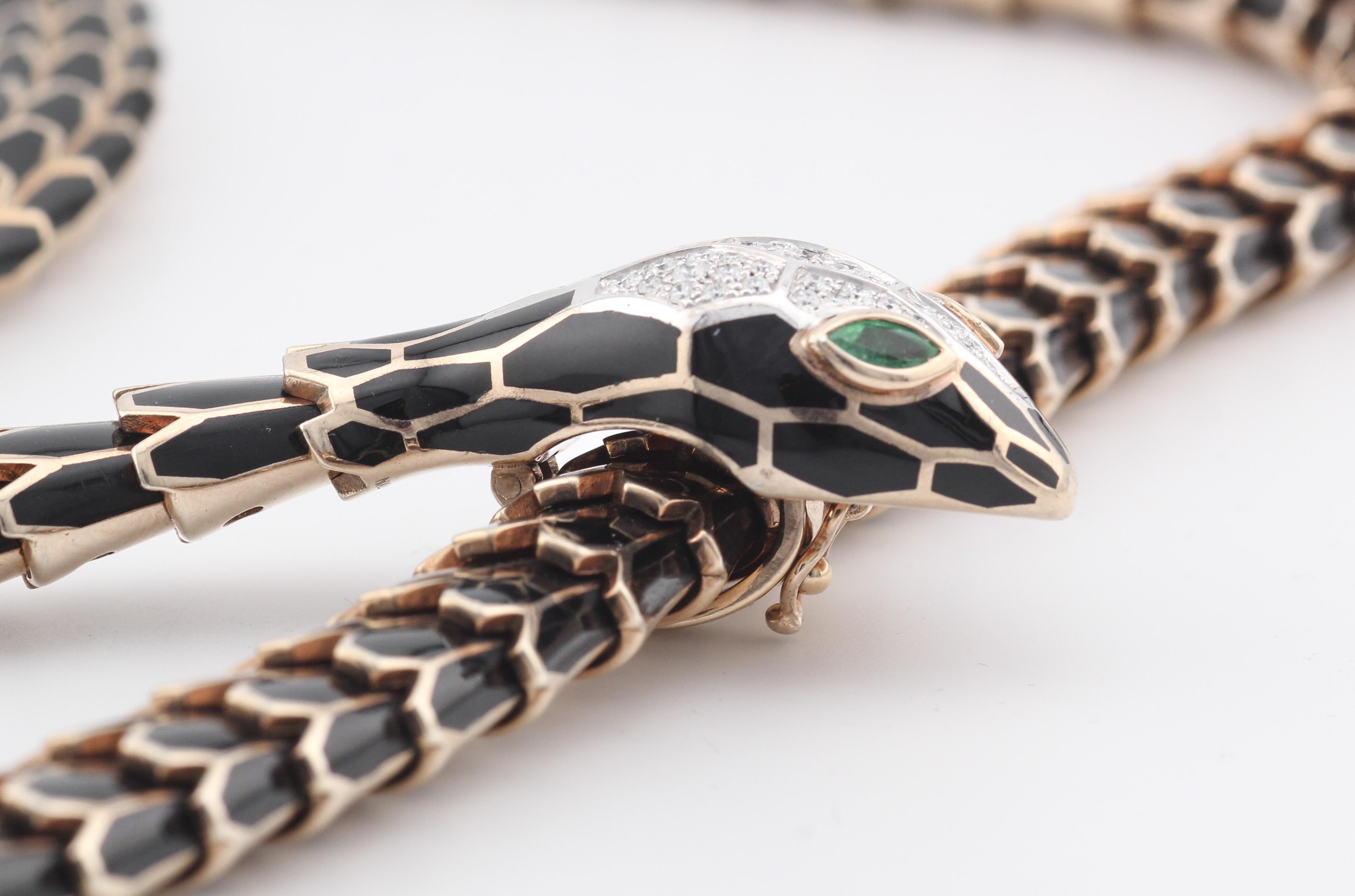 Alexis Diamond Enamel Emerald 18k White Gold Sterling Silver Snake Necklace Belt For Sale 2