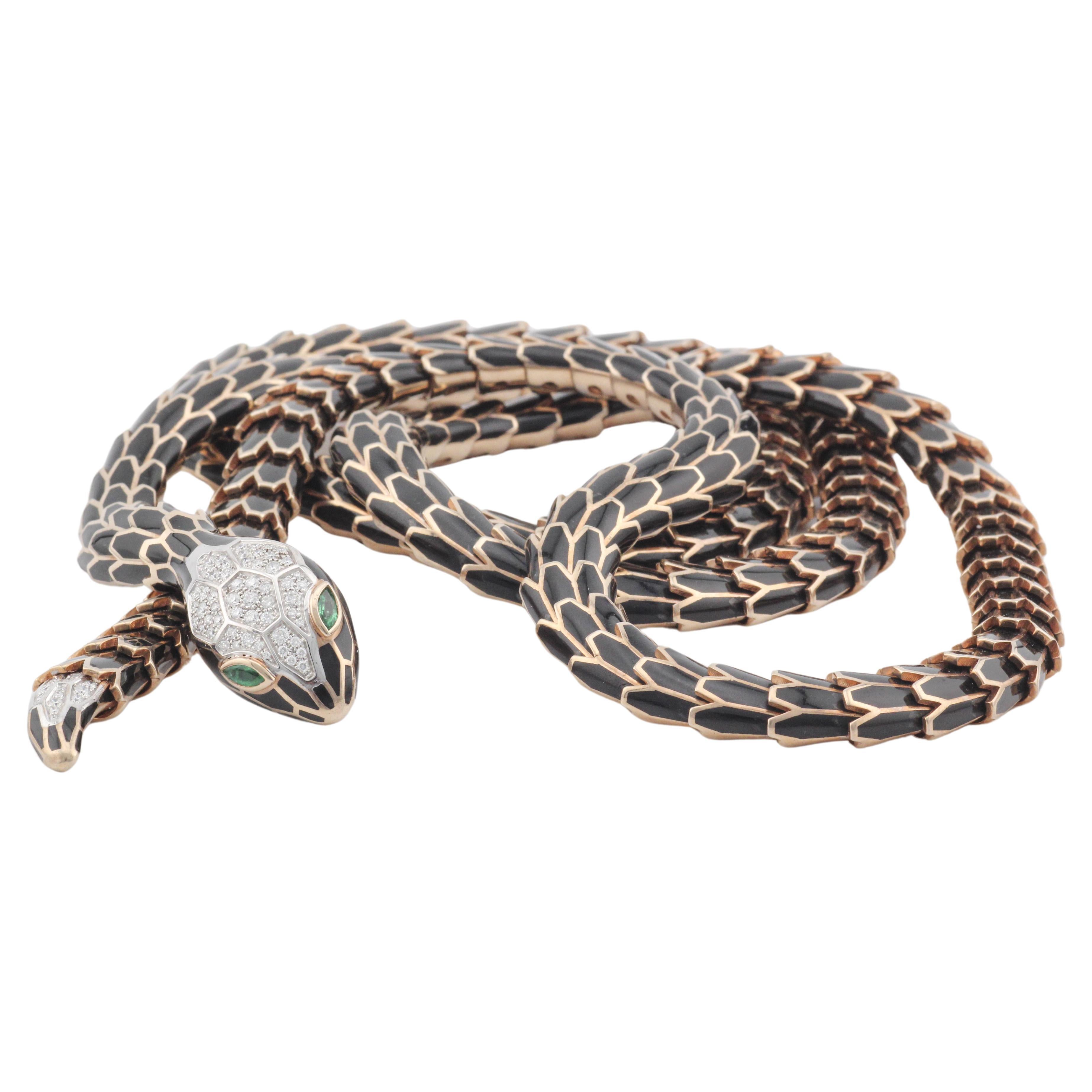 Alexis Diamond Enamel Emerald 18k White Gold Sterling Silver Snake Necklace Belt For Sale