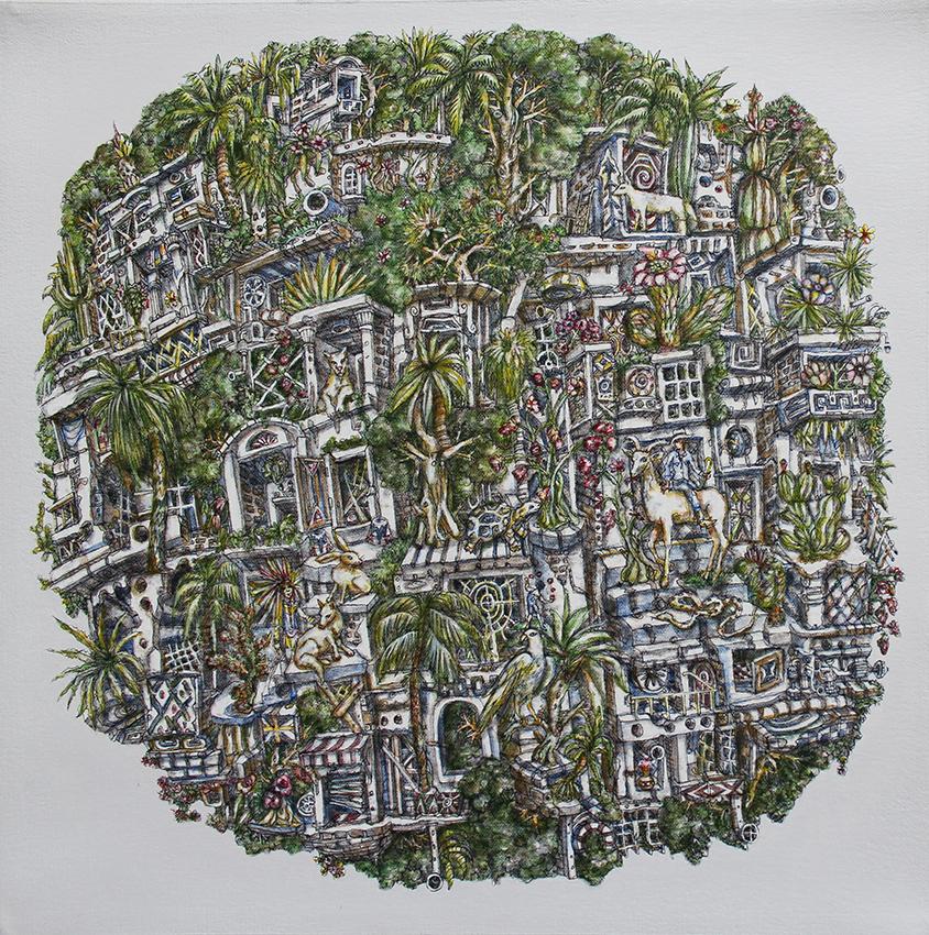 Biosphere, Buildings, Apartments, Animals, Trees, Imaginary, Acrylic, Painting, 