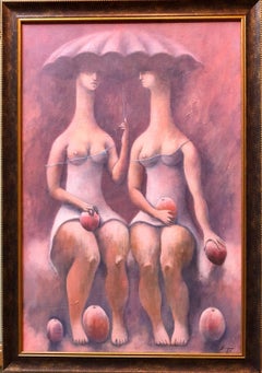 Large Latin American Modernist Oil Paintng Women with Fruit