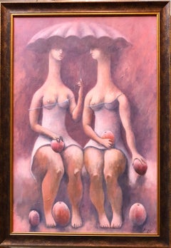 Large Latin American Modernist Oil Paintng Women with Fruit