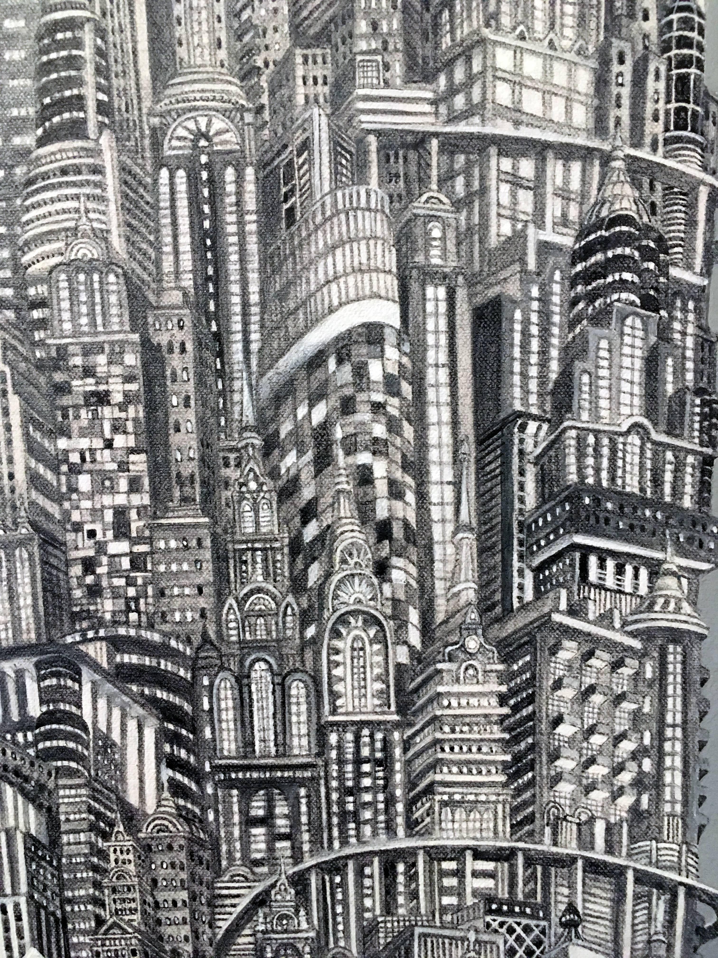 Silver Tower is a painted cityscape by Colombian artist, Alexis Duque.  It is highly detailed, acrylic on canvas, 24x12.  This painting is a reimagined metropolis but based on many iconic New York City buildings. The intricate architectural
