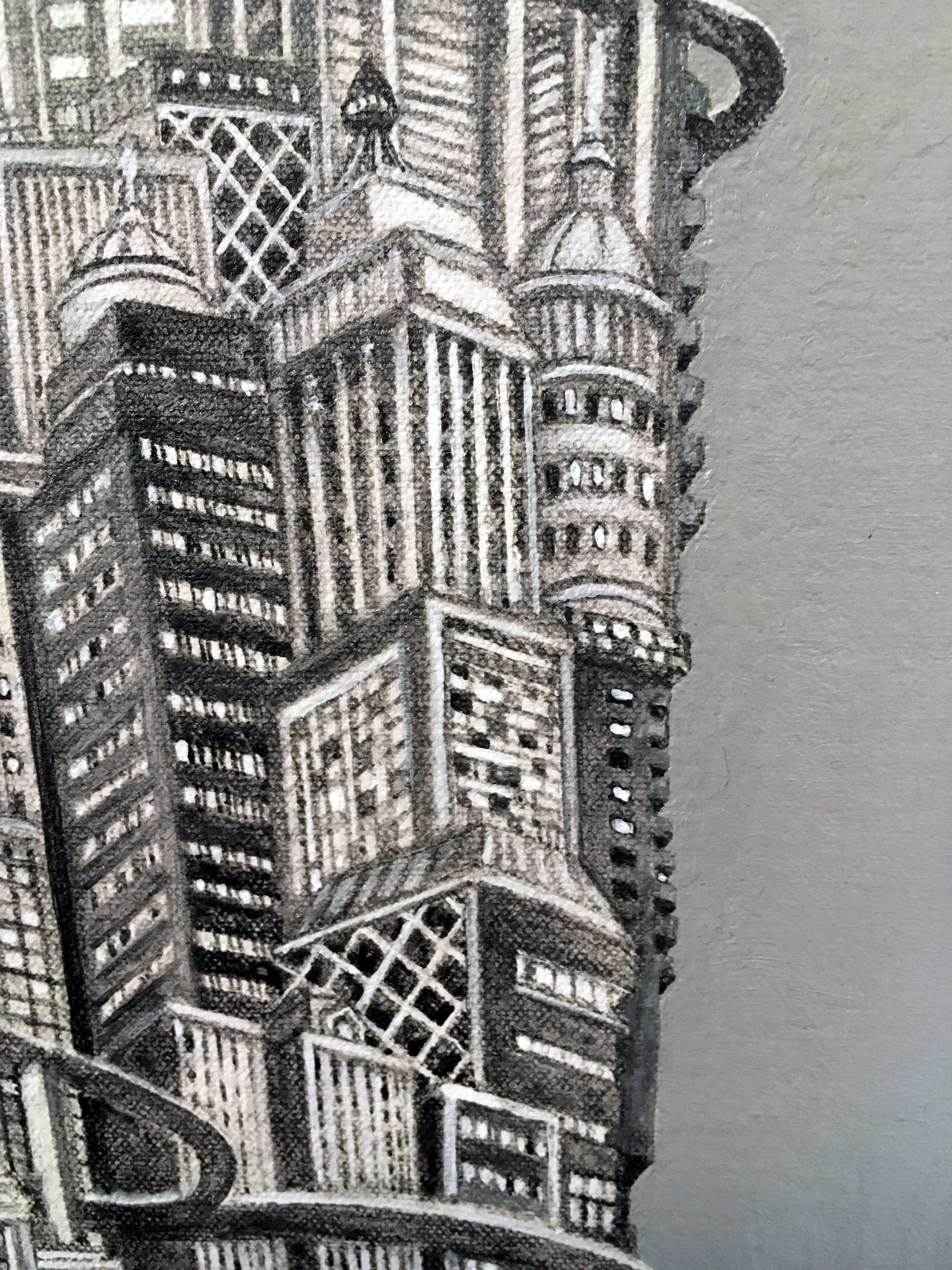 Silver Tower, New York City, Iconic Buildings, Cityscape, Metropolis, Painting  For Sale 1