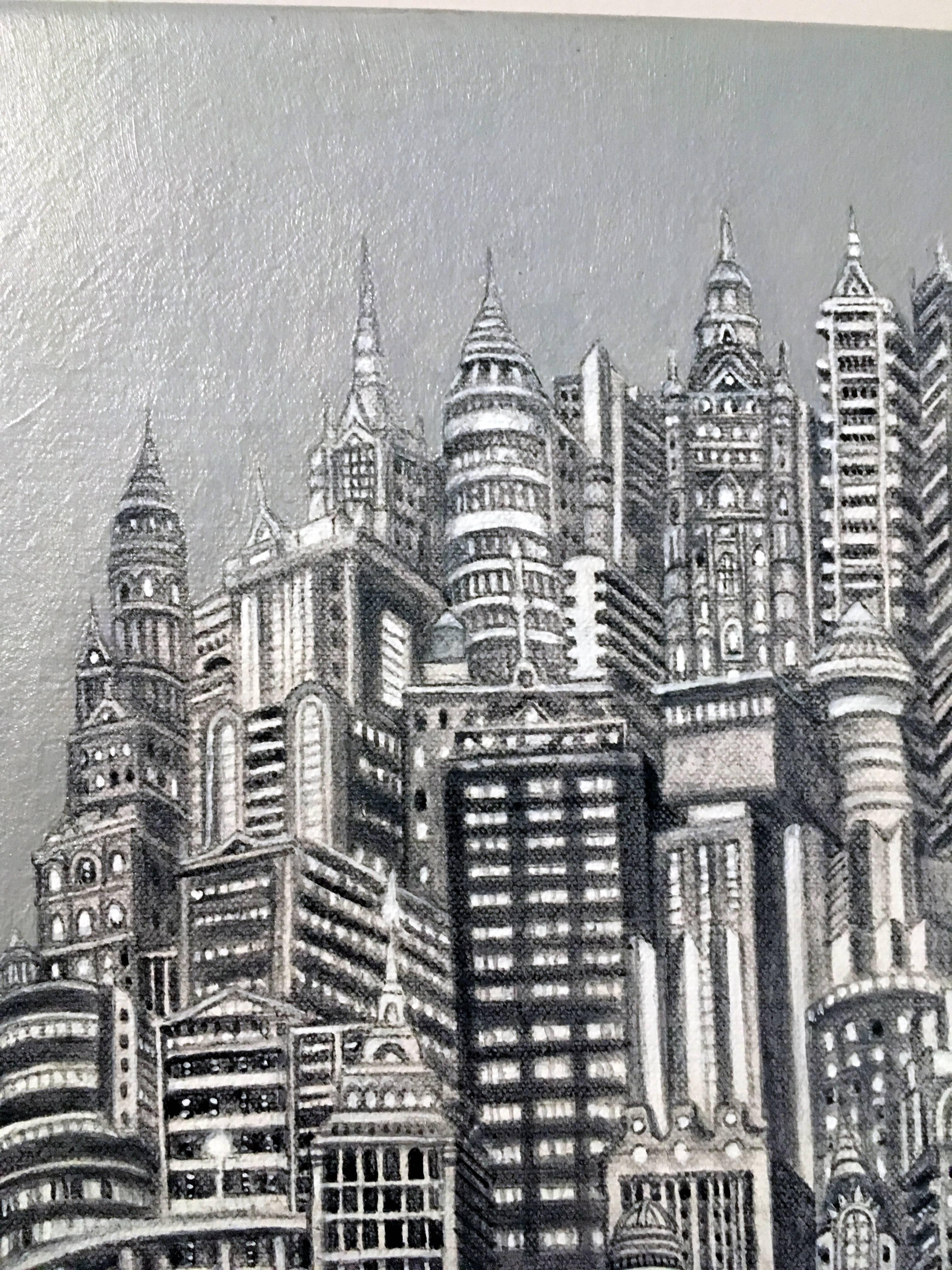 Silver Tower, New York City, Iconic Buildings, Cityscape, Metropolis, Painting  For Sale 2