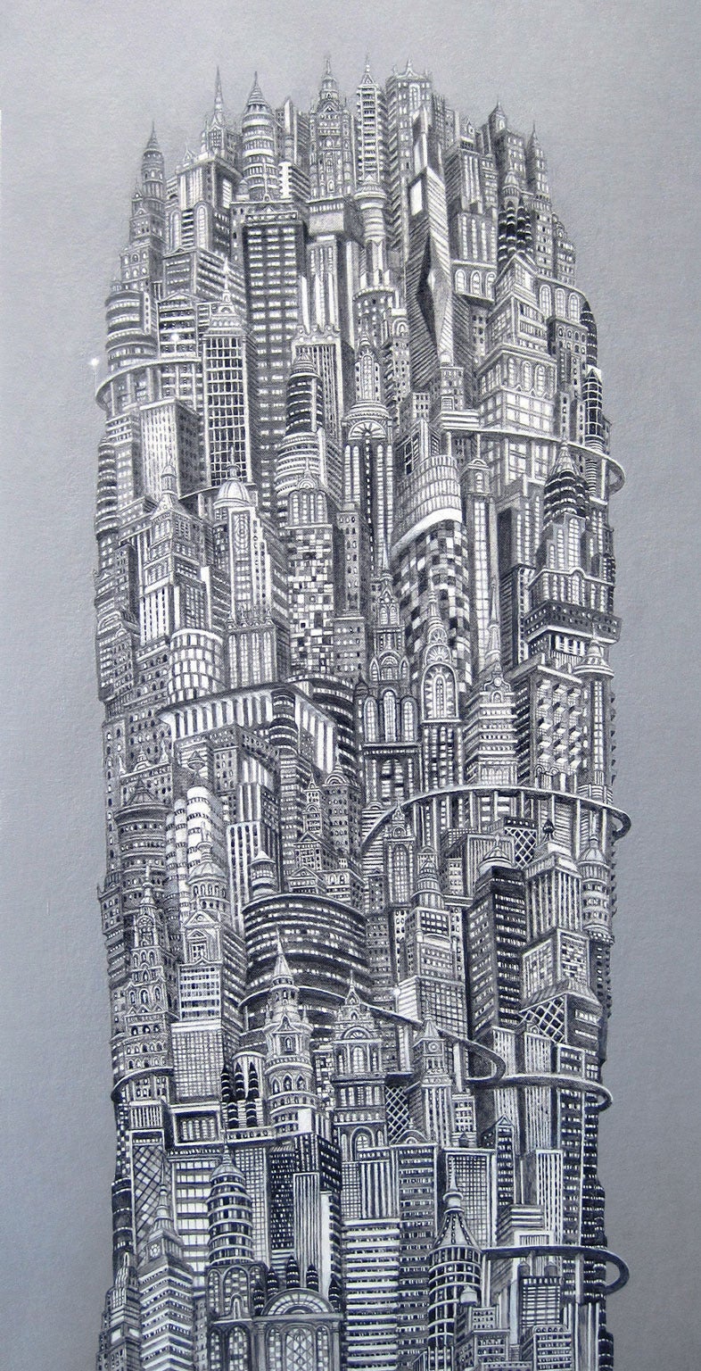 Alexis Duque Landscape Painting - Silver Tower, New York City, Iconic Buildings, Cityscape, Metropolis, Painting 