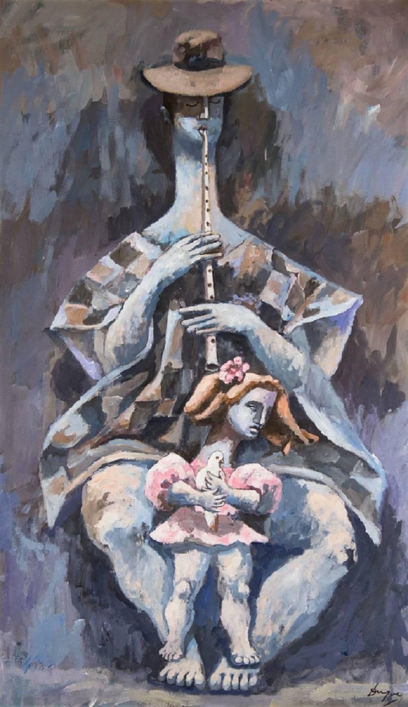 El músico, pintura al óleo modernista americana de gran formato - Painting de Alexis Duque