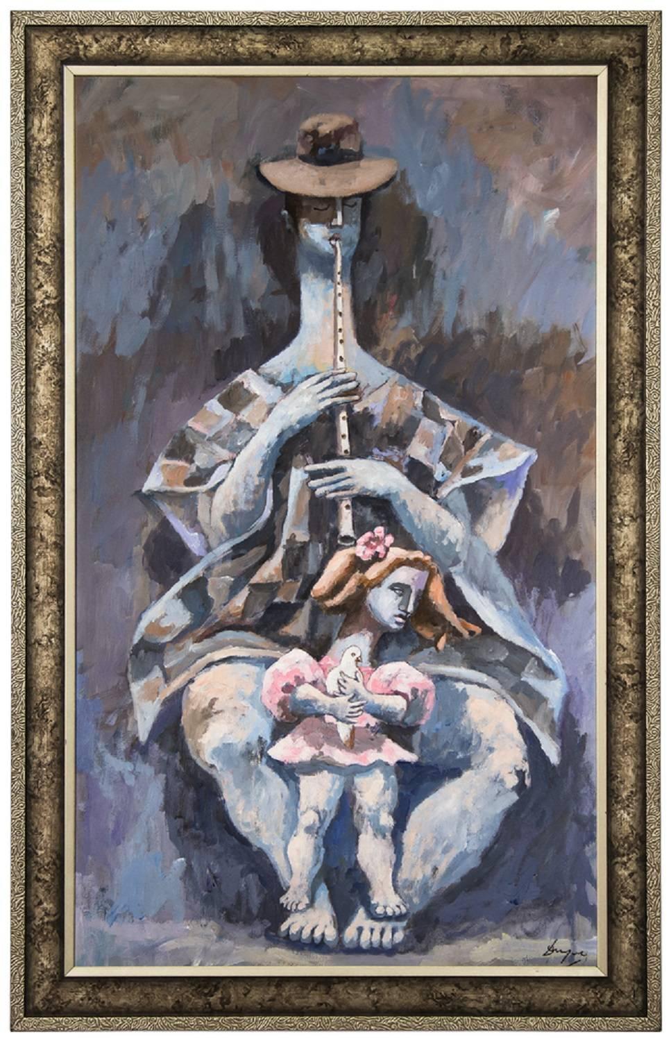 Le musicien, peinture à l
huile moderniste américaine de grand format