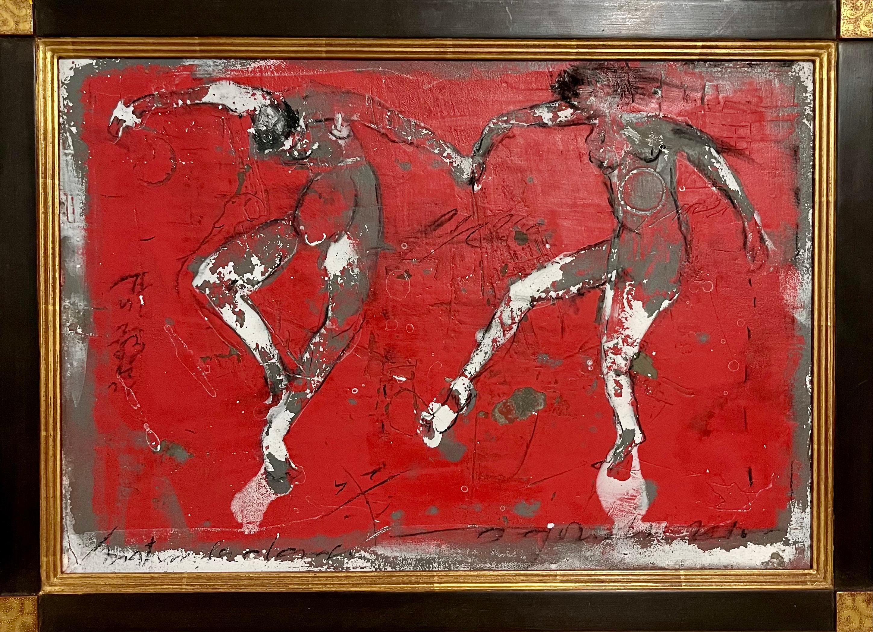 
Alexis Gorodine (francese, americano, nato nel 1954). Pittura ad impasto a tecnica mista su tavola Opera figurativa realizzata nel distinto stile neo-espressionista ispirato alla pittura rupestre dell'artista, che raffigura figure nude danzanti su