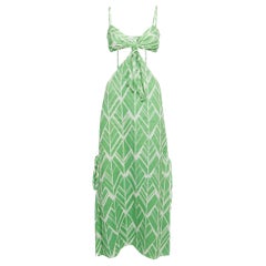 Alexis Green Printed Linen Cutout Detail Midi Dress S