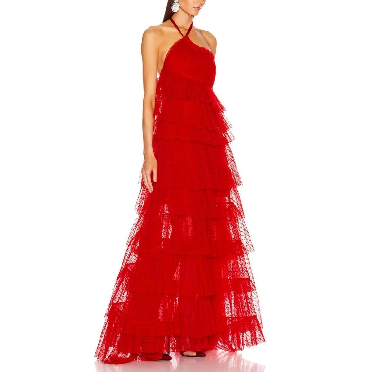 Fully tiered asymmetrical halter maxi dress
Pleated tulle fabric with felt applique. 
Mini slip lining underneath
Halterneck tie closure. 
Hidden side zipper closure. 
Self: 90% poly, 10% nylon.
Lining: 95% poly, 5% elastane. 
Dry clean only. 