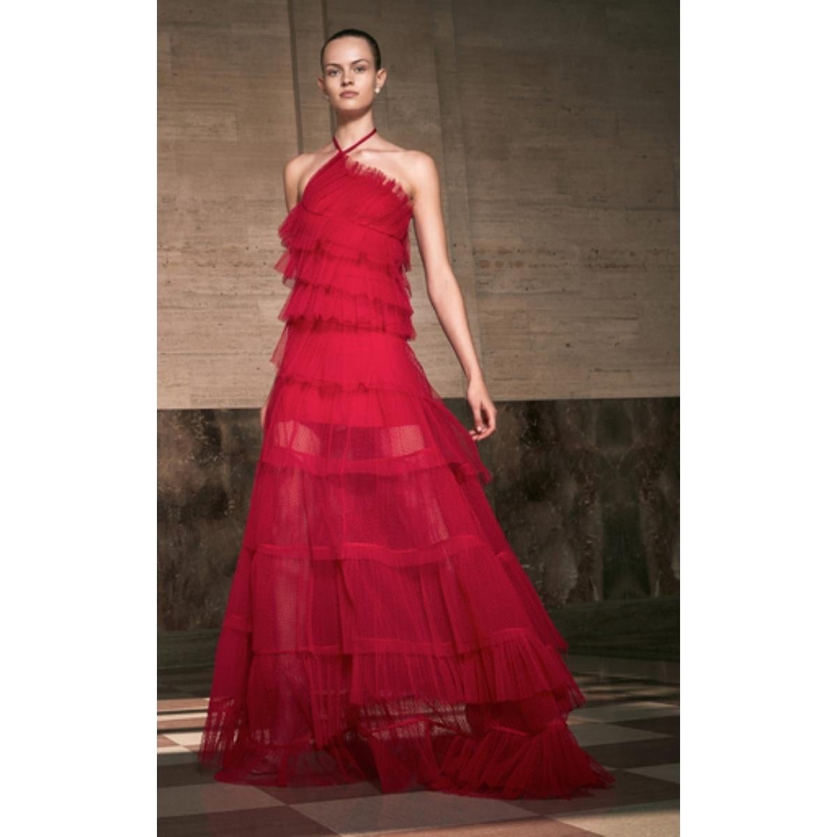 Red Alexis Justina Tiered Tulle Halterneck Gown