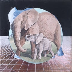 Elefante africano, oro, óleo, lámina metálica, azul, animales, paisaje, cuadrícula