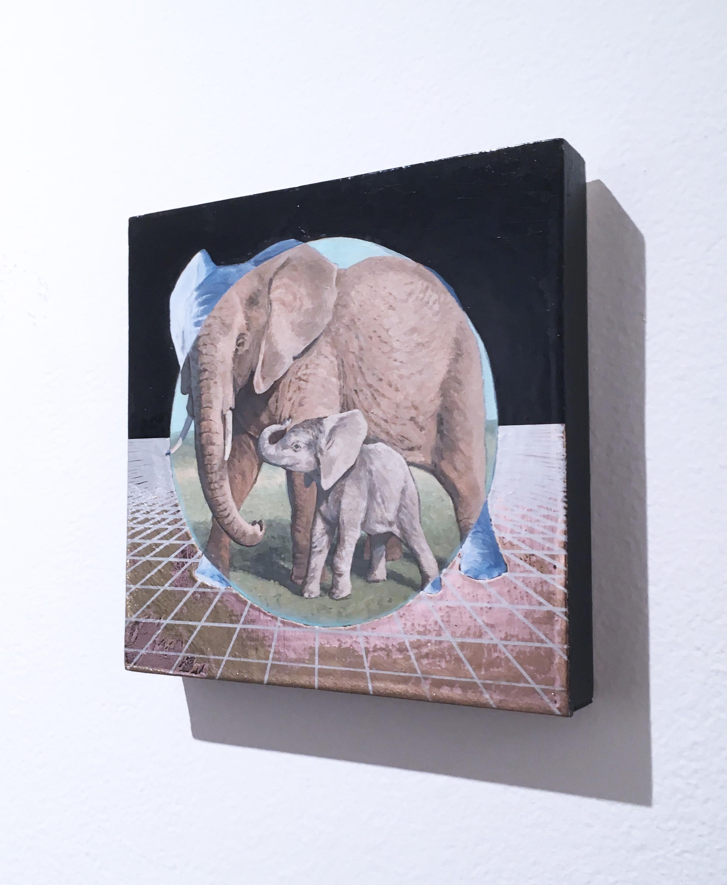 Afrikanischer afrikanischer Elefant, Gold, Öl, Metallfolie, Blau, Tiere, Landschaft, Raster (Grau), Animal Painting, von Alexis Kandra