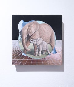 African Elephant, gold, oil, metallic foil, blue, animals, landscape, grid