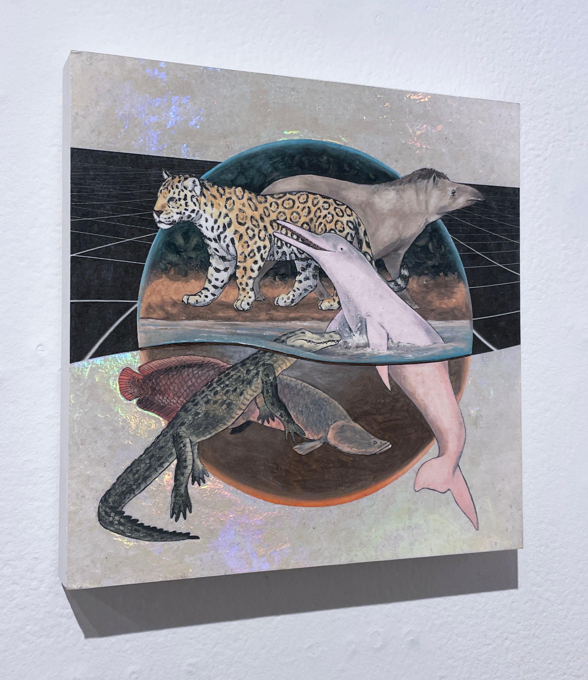 River de l' Amazone (2019), peinture à l'huile, écosystème, animaux, pastels, jaguar, faune - Contemporain Painting par Alexis Kandra