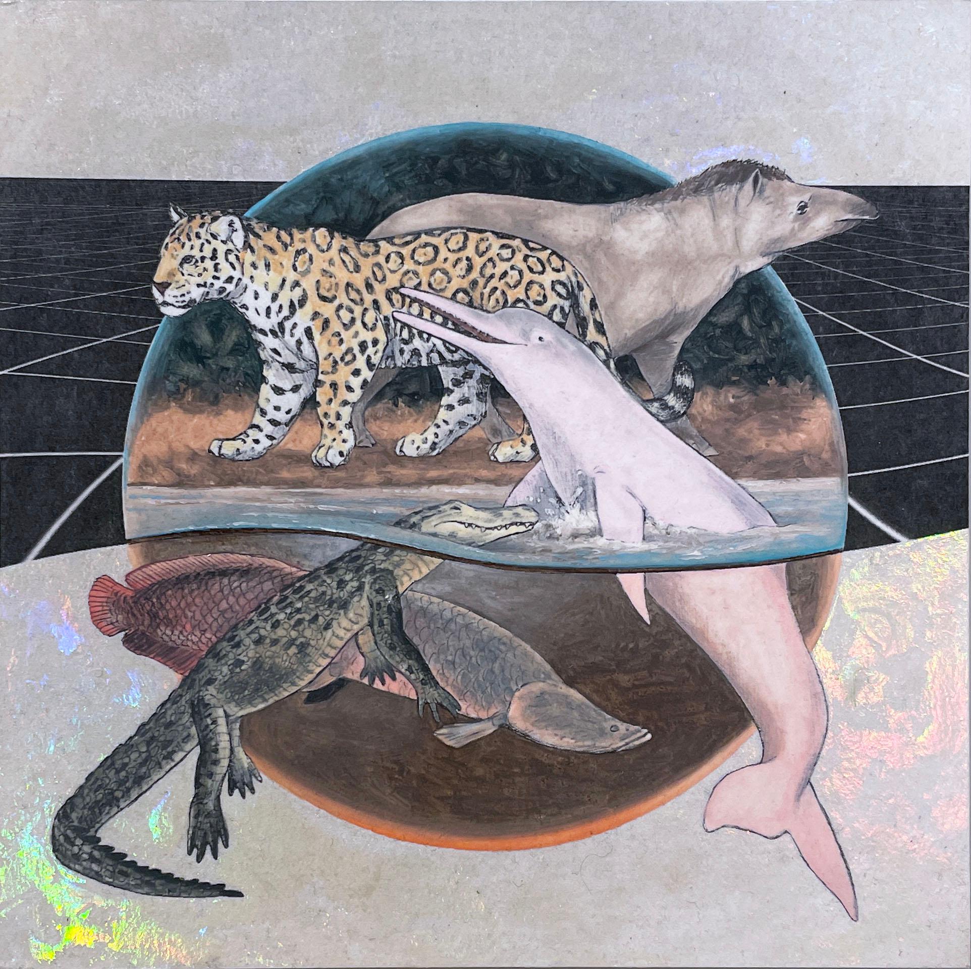 Amazonas River (2019), Ölgemälde, Ökosystem, Tiere, Pastellfarben, Jagd, Fauna (Grau), Animal Painting, von Alexis Kandra