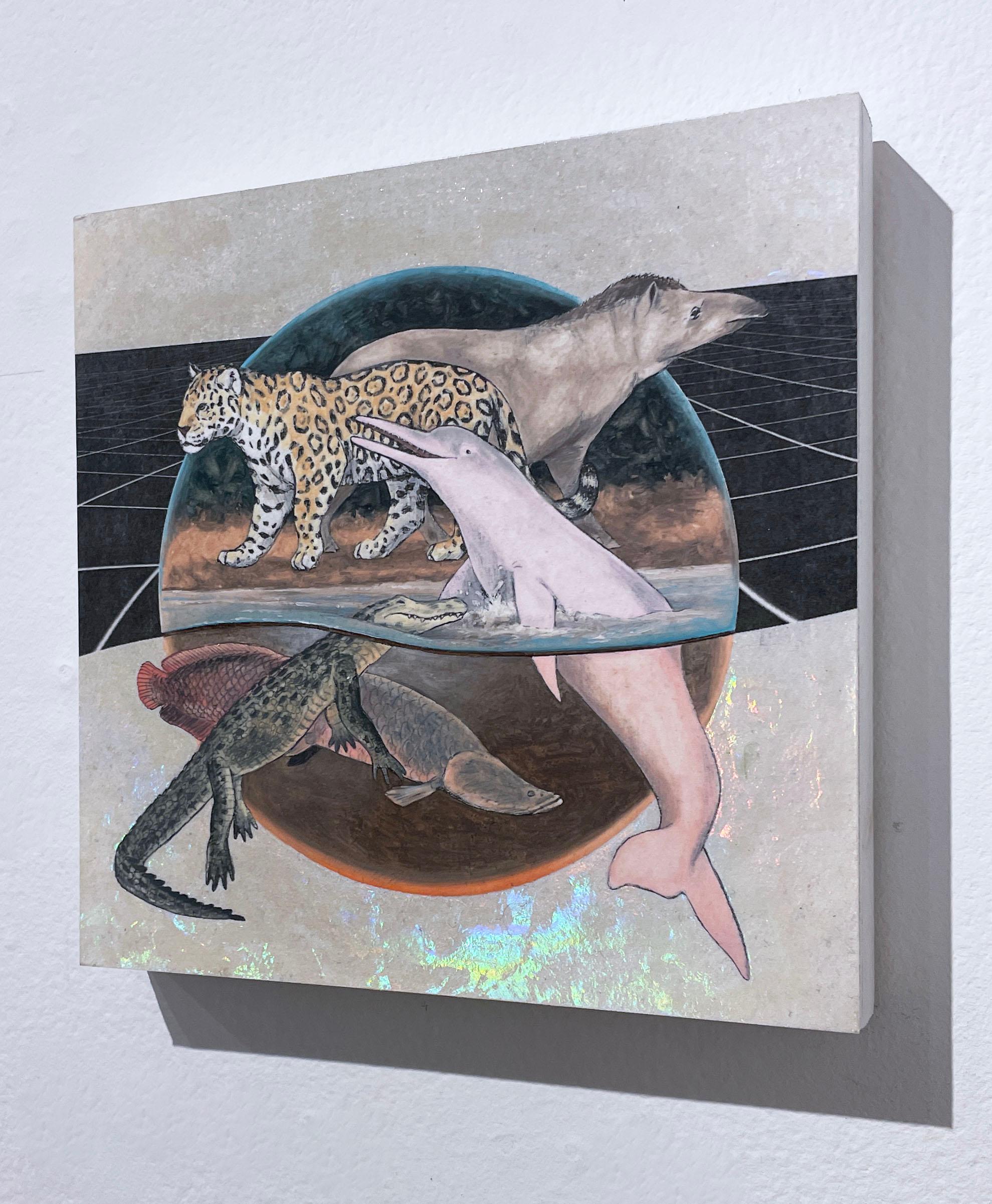 Río Amazonas (2019), pintura al óleo, ecosistema, animales, pasteles, jaguar, fauna - Animal Painting Gris de Alexis Kandra