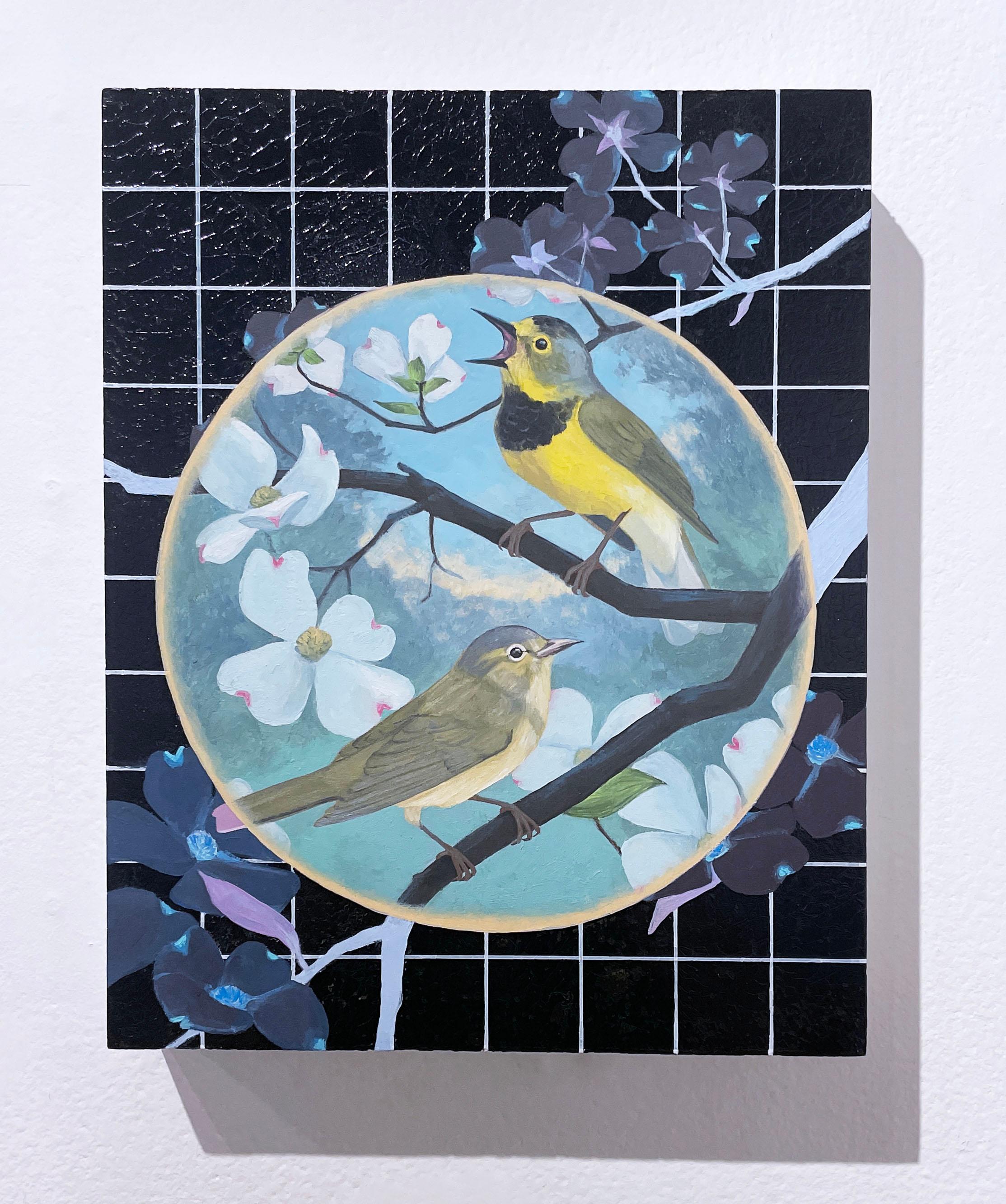 Bachman's Warbler (2019) Öl auf Tafel, Natur, Wildtiere, Blumen, Baum  – Painting von Alexis Kandra