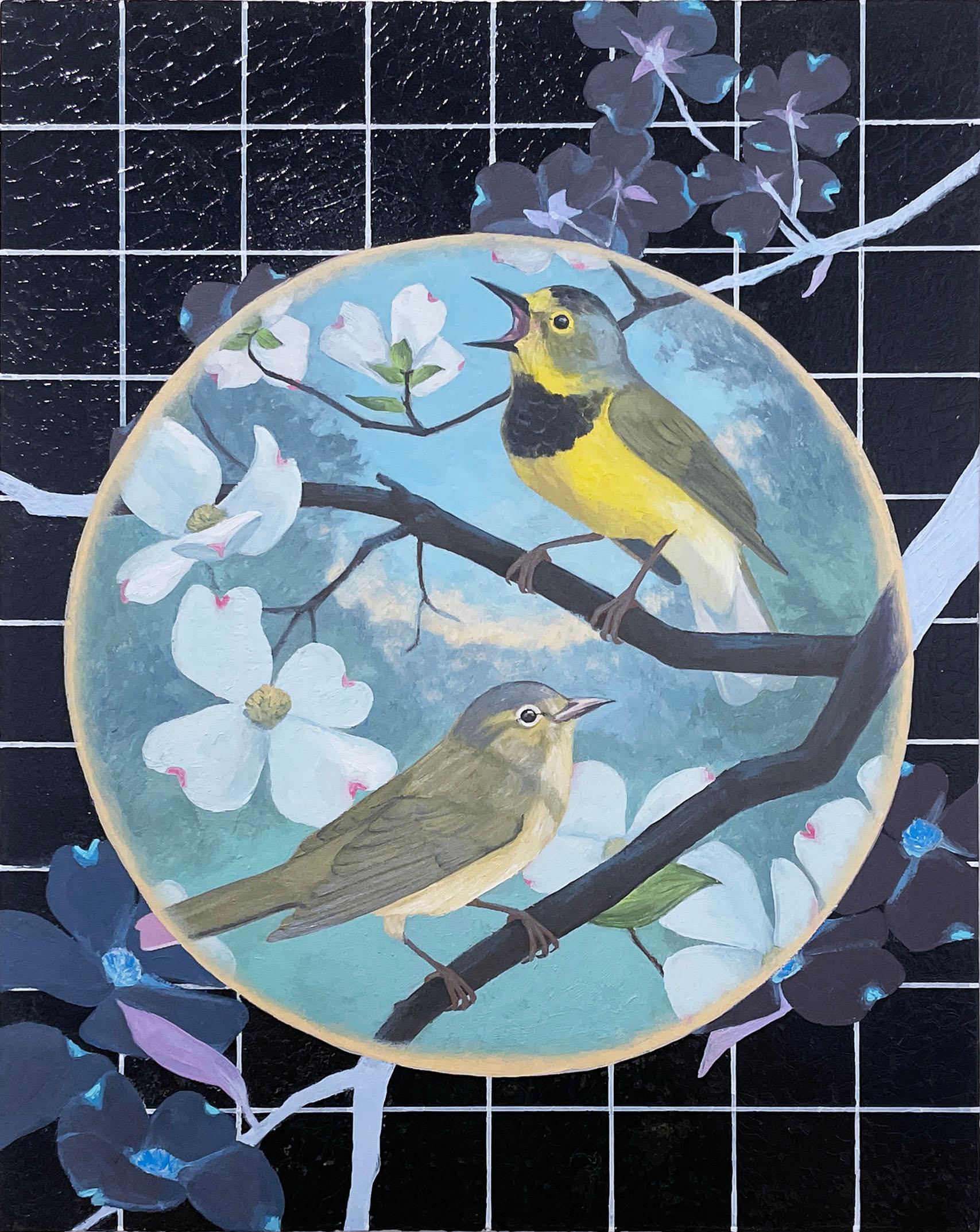 Bachman's Warbler (2019) Öl auf Tafel, Natur, Wildtiere, Blumen, Baum  (Schwarz), Landscape Painting, von Alexis Kandra