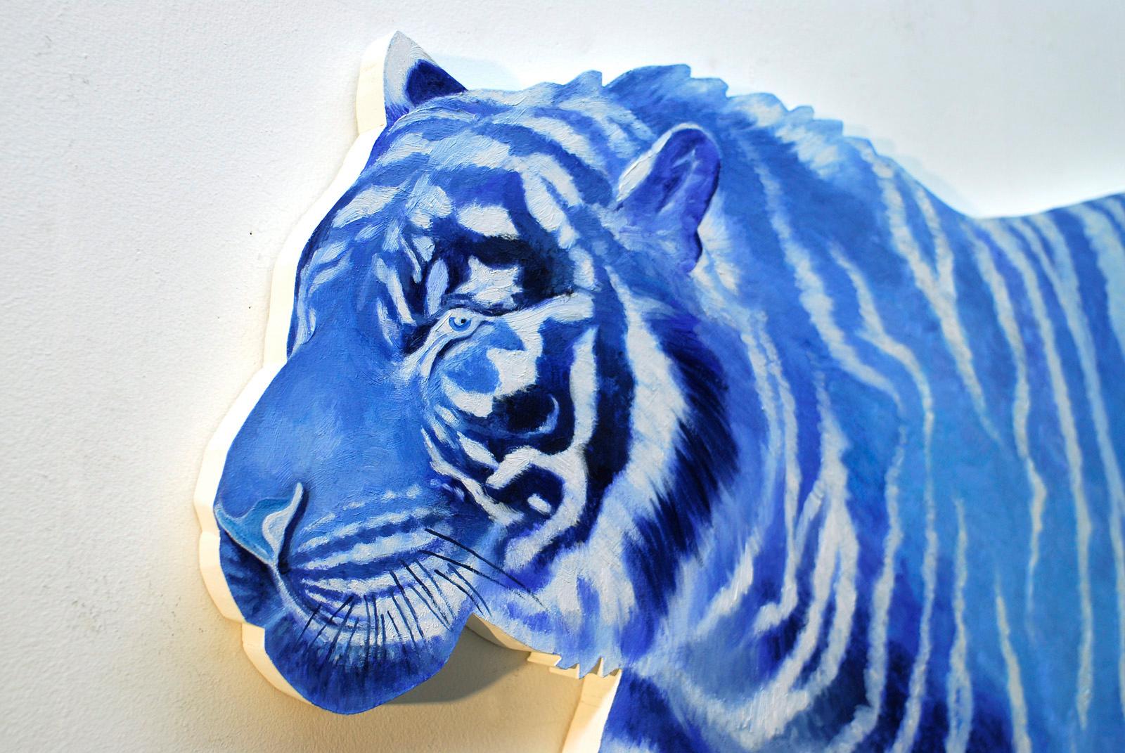 Bengal Tiger, oil on cut out wood panel, blue & white striped figurative, animal - Painting by Alexis Kandra