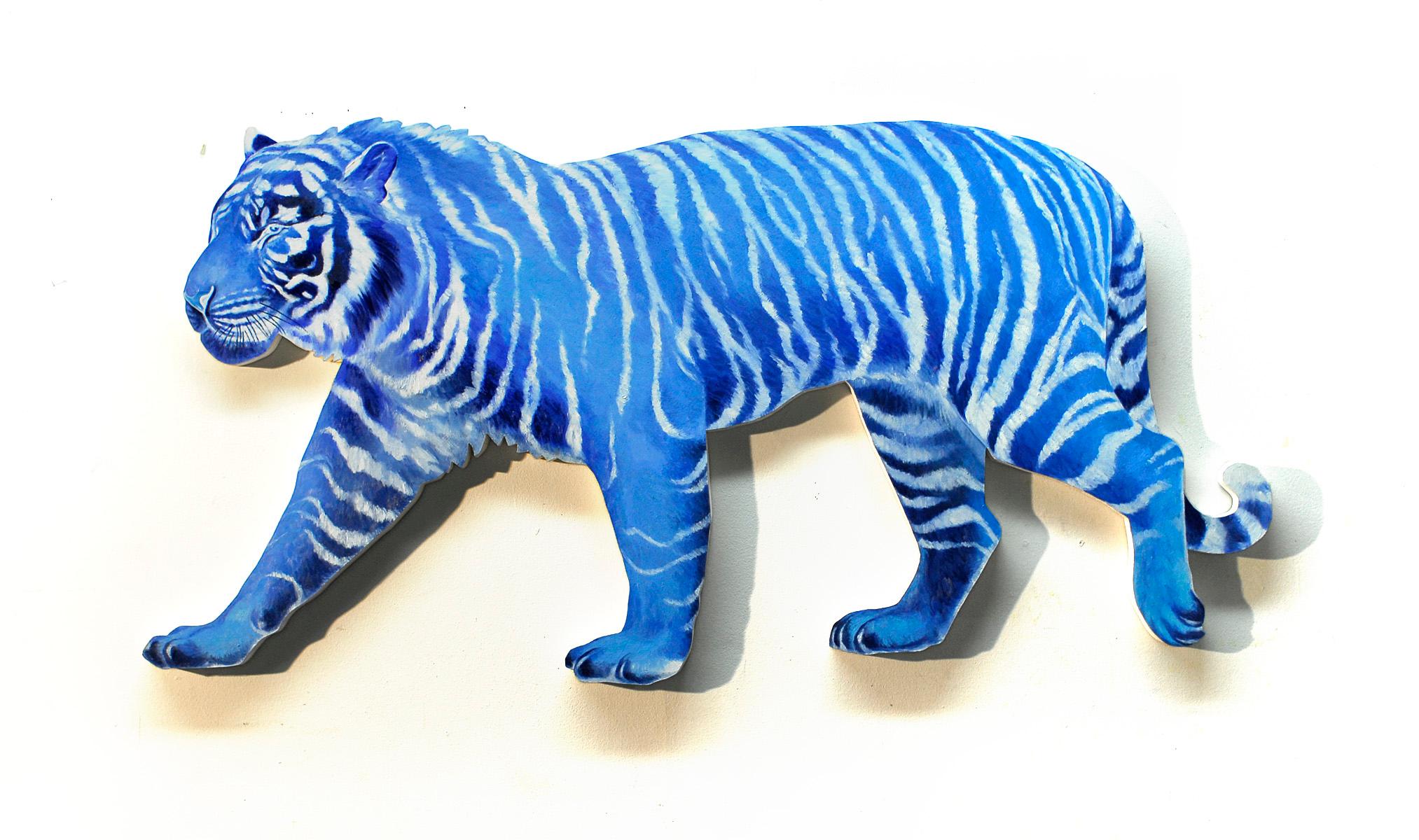 Alexis Kandra Animal Painting - Bengal Tiger, oil on cut out wood panel, blue & white striped figurative, animal