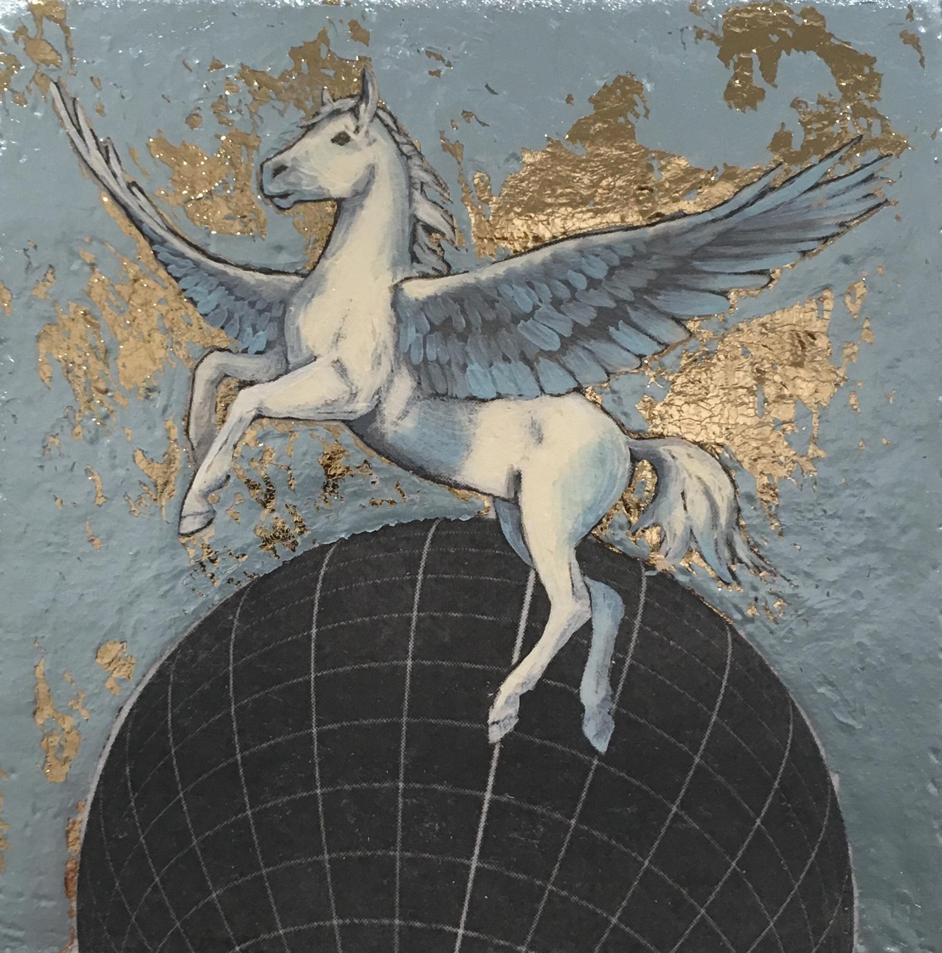 Celestial Pegasus, oil, metal foil, wood, mythical creature, figurative, animal  - Contemporary Mixed Media Art by Alexis Kandra