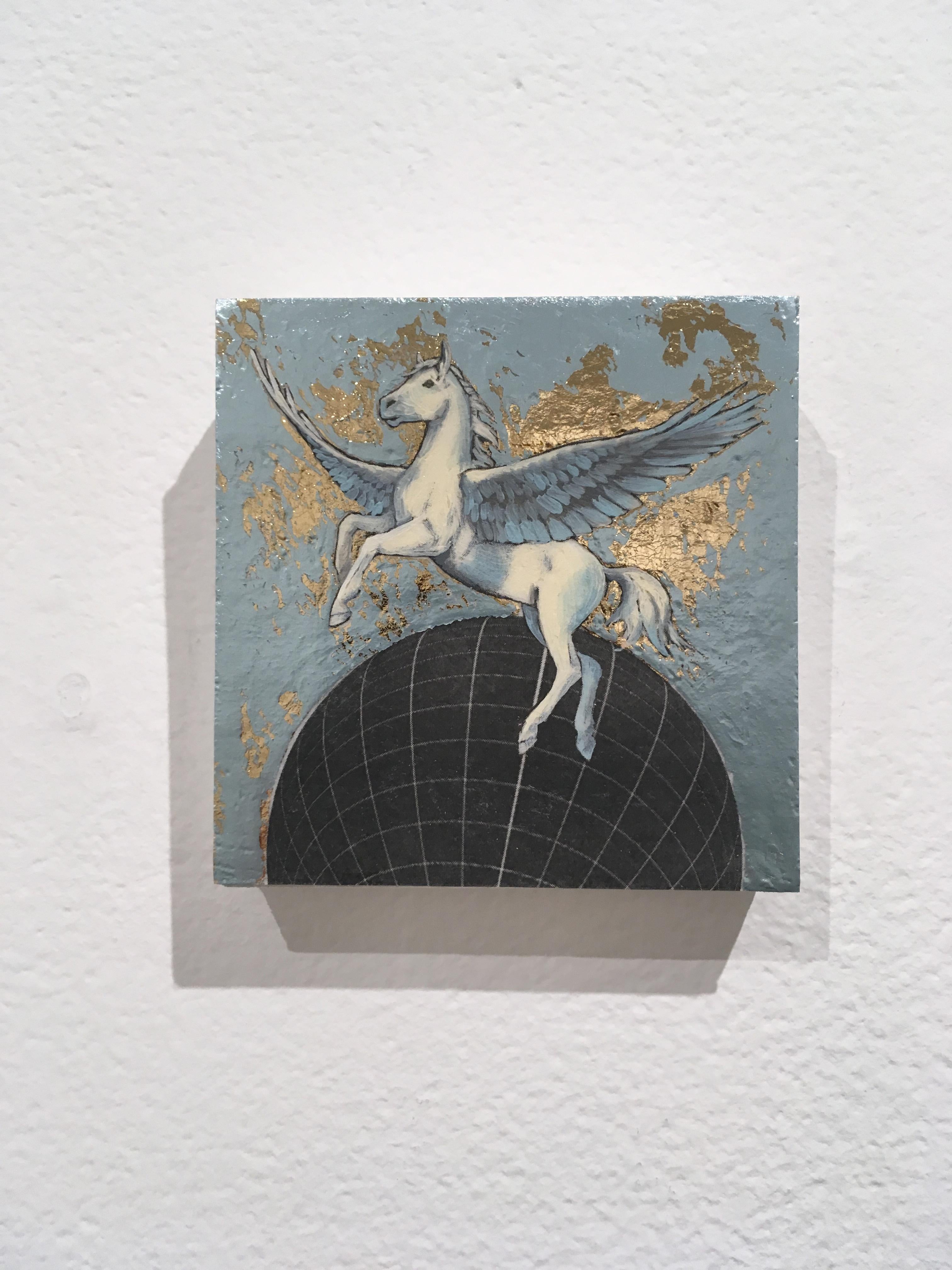 Celestial Pegasus, oil, metal foil, wood, mythical creature, figurative, animal  - Mixed Media Art by Alexis Kandra